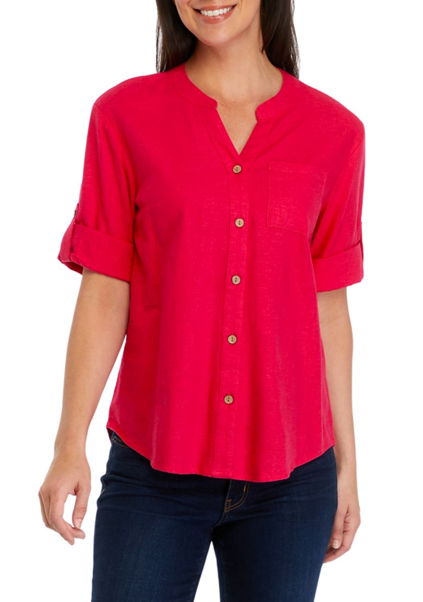 Womens Roll Tab Split Neck Button Front Shirt