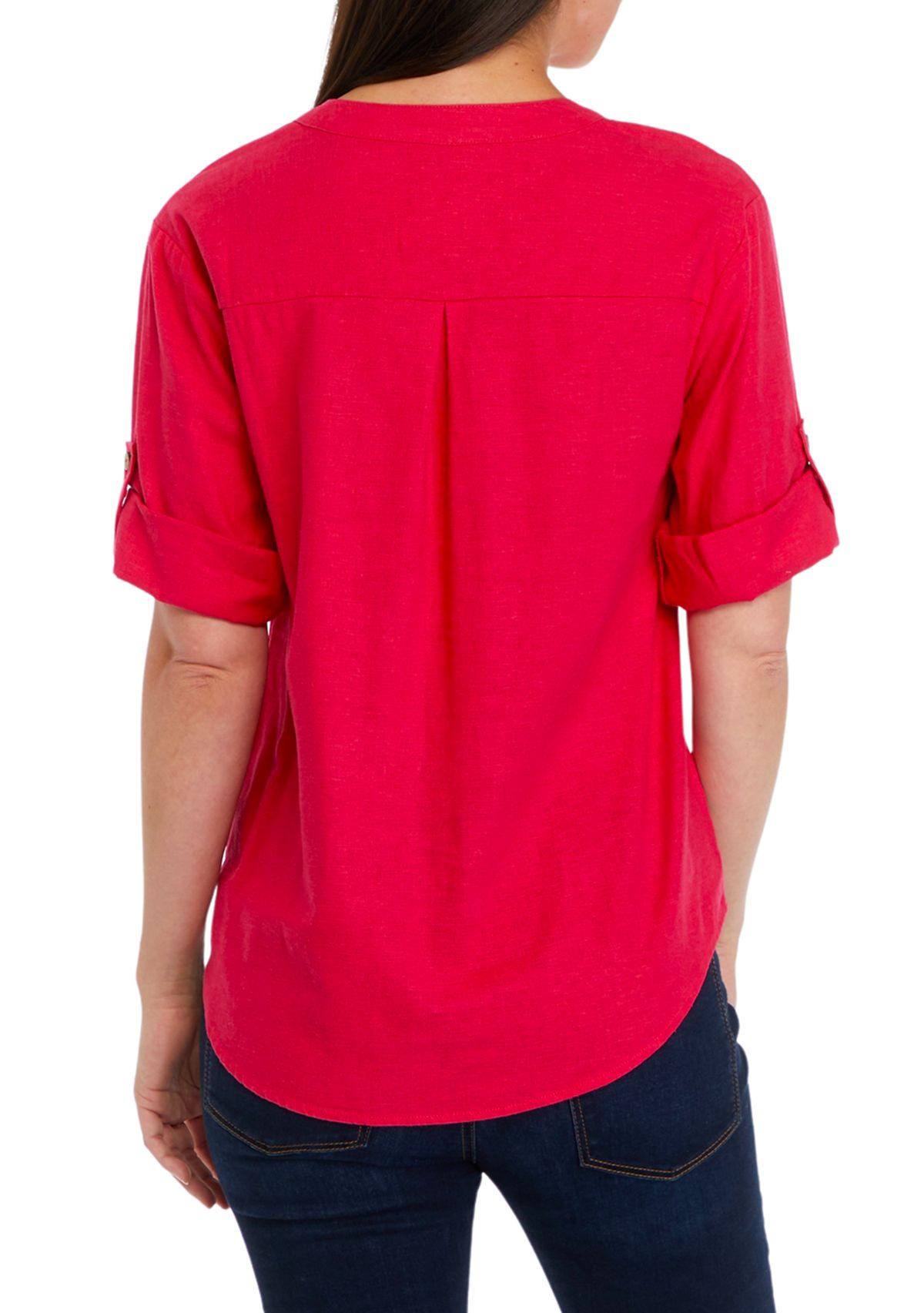Womens Roll Tab Split Neck Button Front Shirt