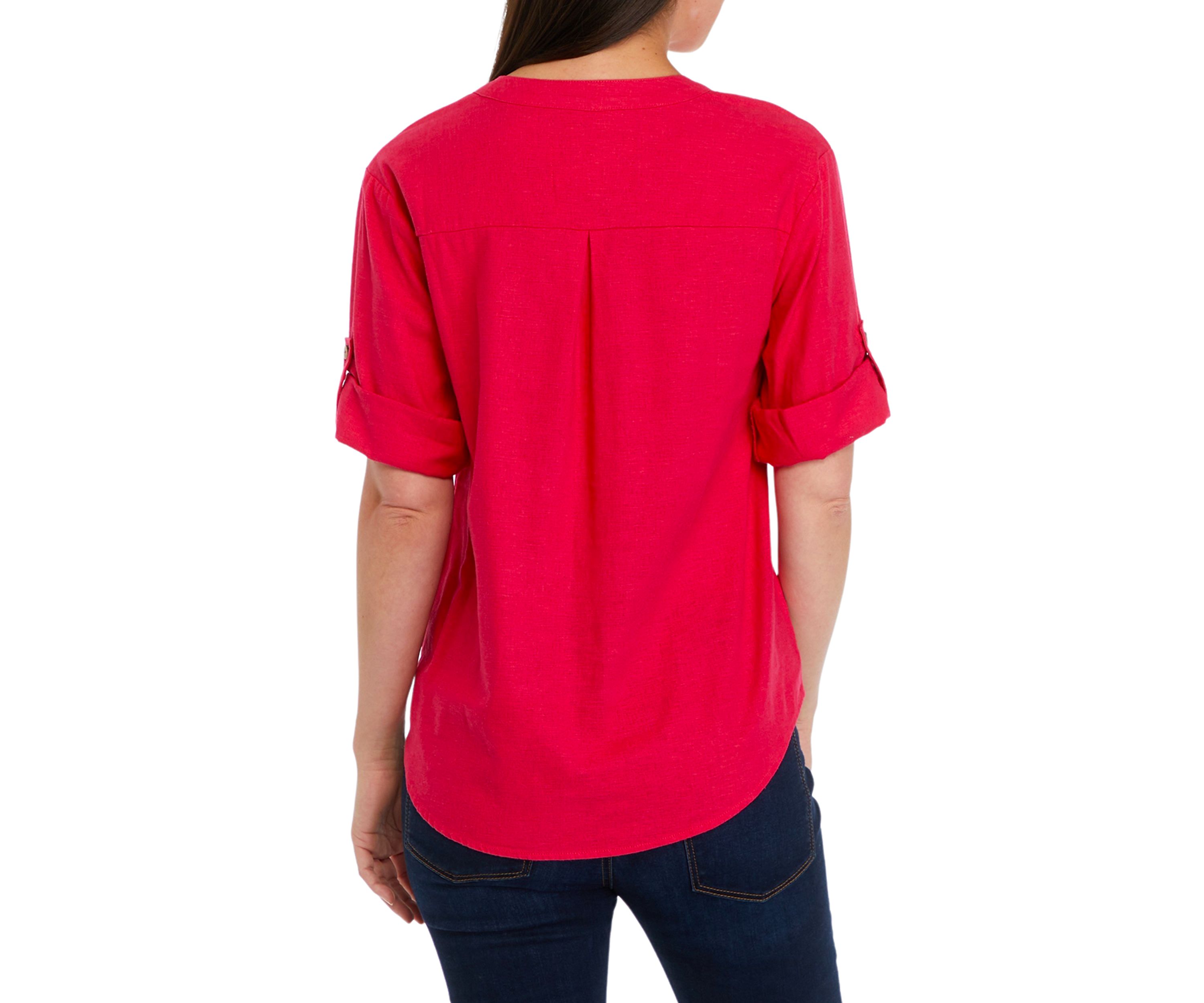 Womens Roll Tab Split Neck Button Front Shirt