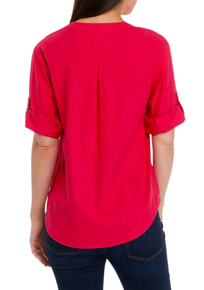Womens Roll Tab Split Neck Button Front Shirt