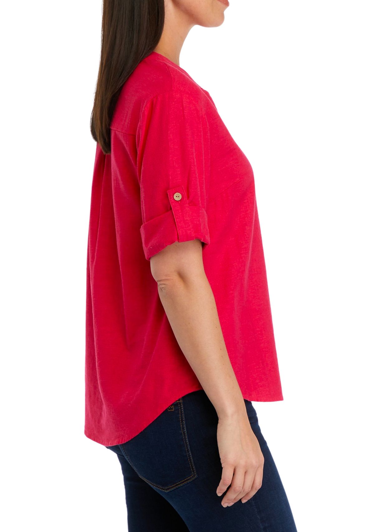 Womens Roll Tab Split Neck Button Front Shirt