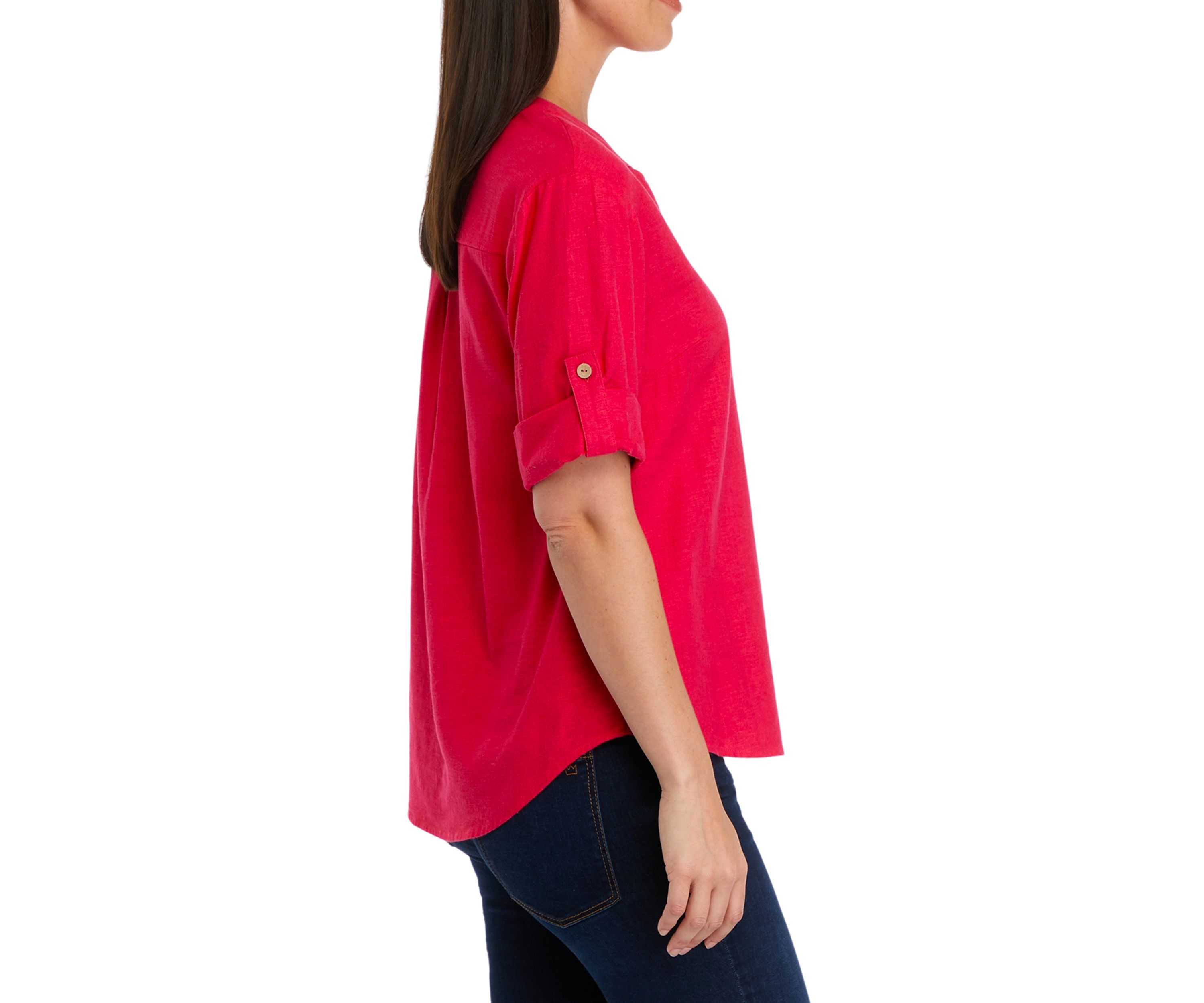Womens Roll Tab Split Neck Button Front Shirt