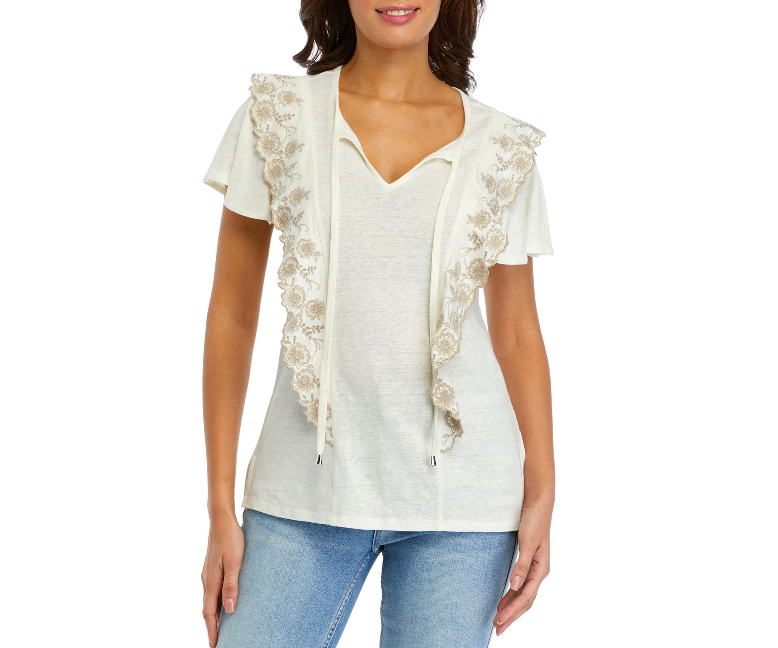Womens Short Sleeve Embroidered Ruffle Knit Top