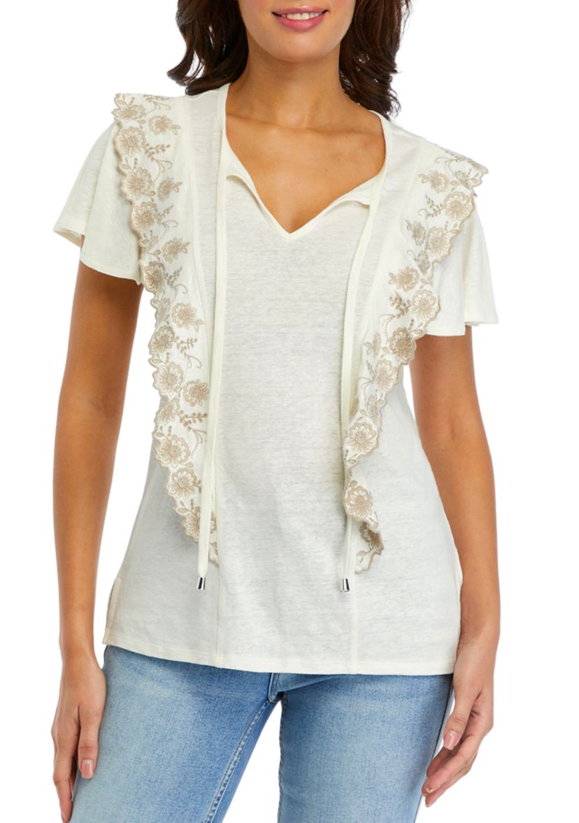 Womens Short Sleeve Embroidered Ruffle Knit Top
