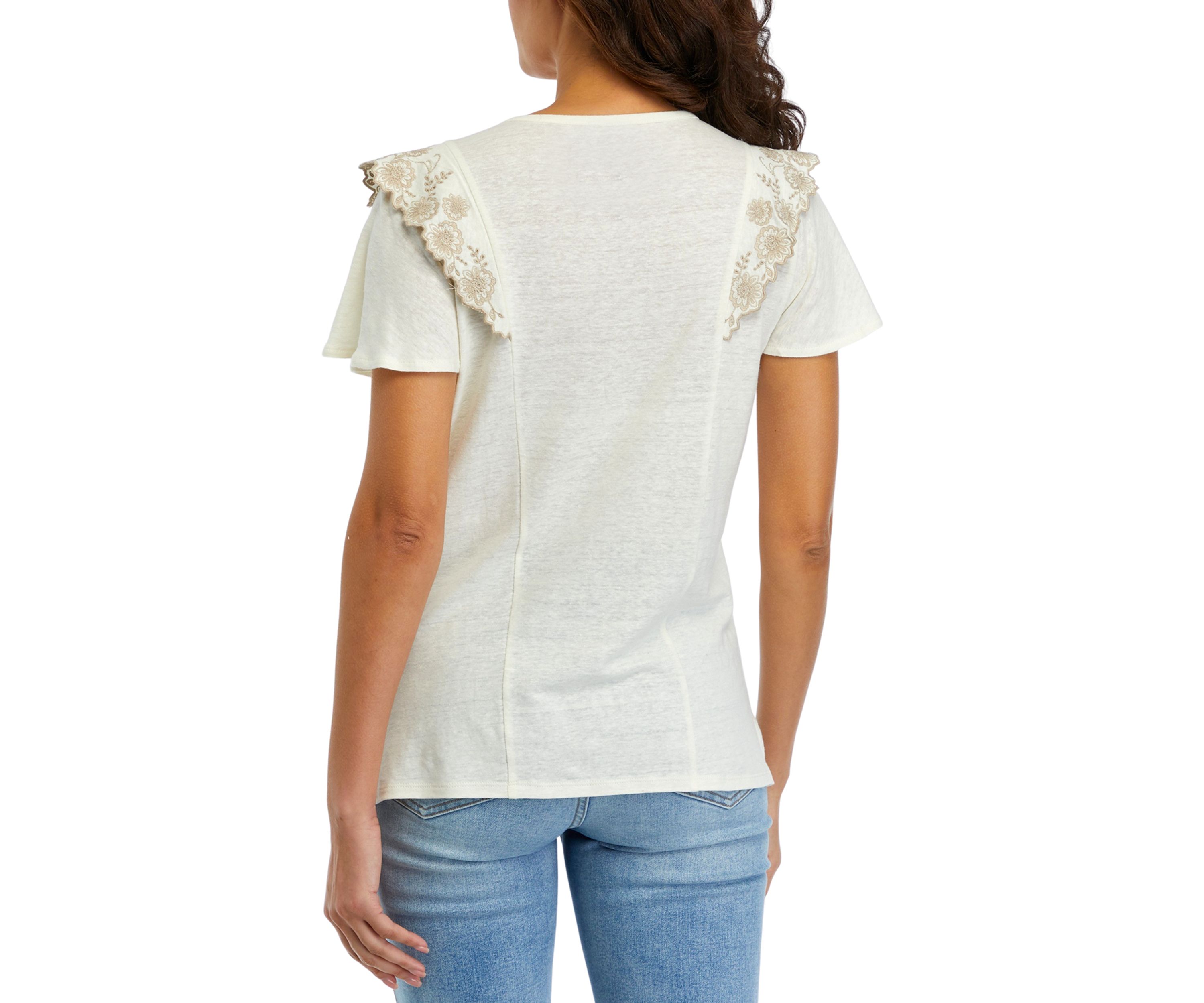 Womens Short Sleeve Embroidered Ruffle Knit Top