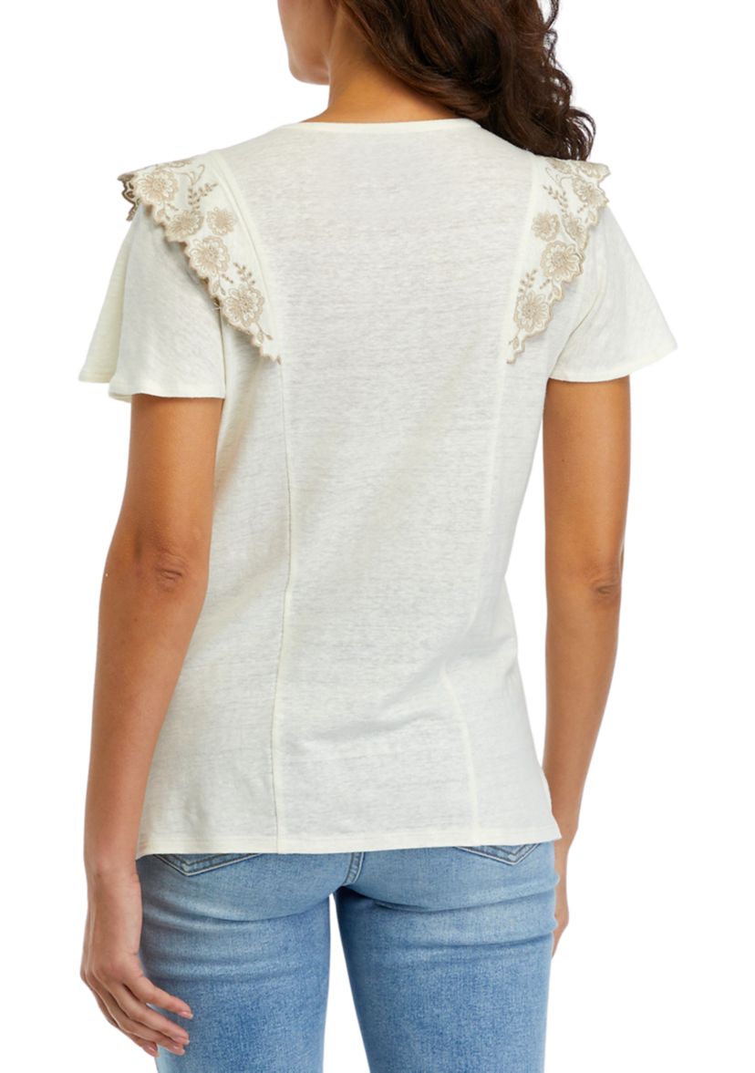 Womens Short Sleeve Embroidered Ruffle Knit Top