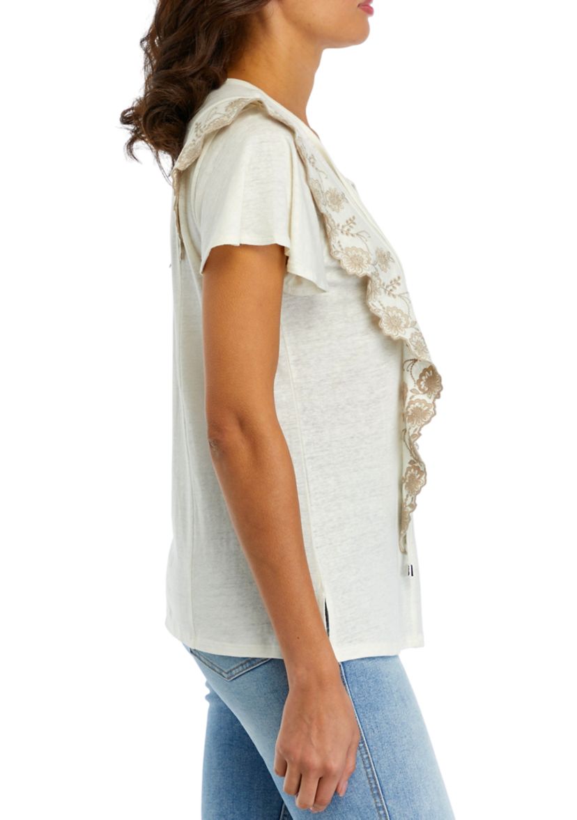 Womens Short Sleeve Embroidered Ruffle Knit Top