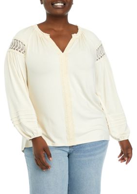 Cupio Women's Plus Size Ruffle Neck Knit Top, White, 3X