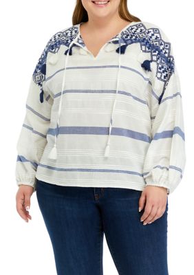 Cupio Women's Plus Size Yarn Dye Embroidered Woven Top, 2X