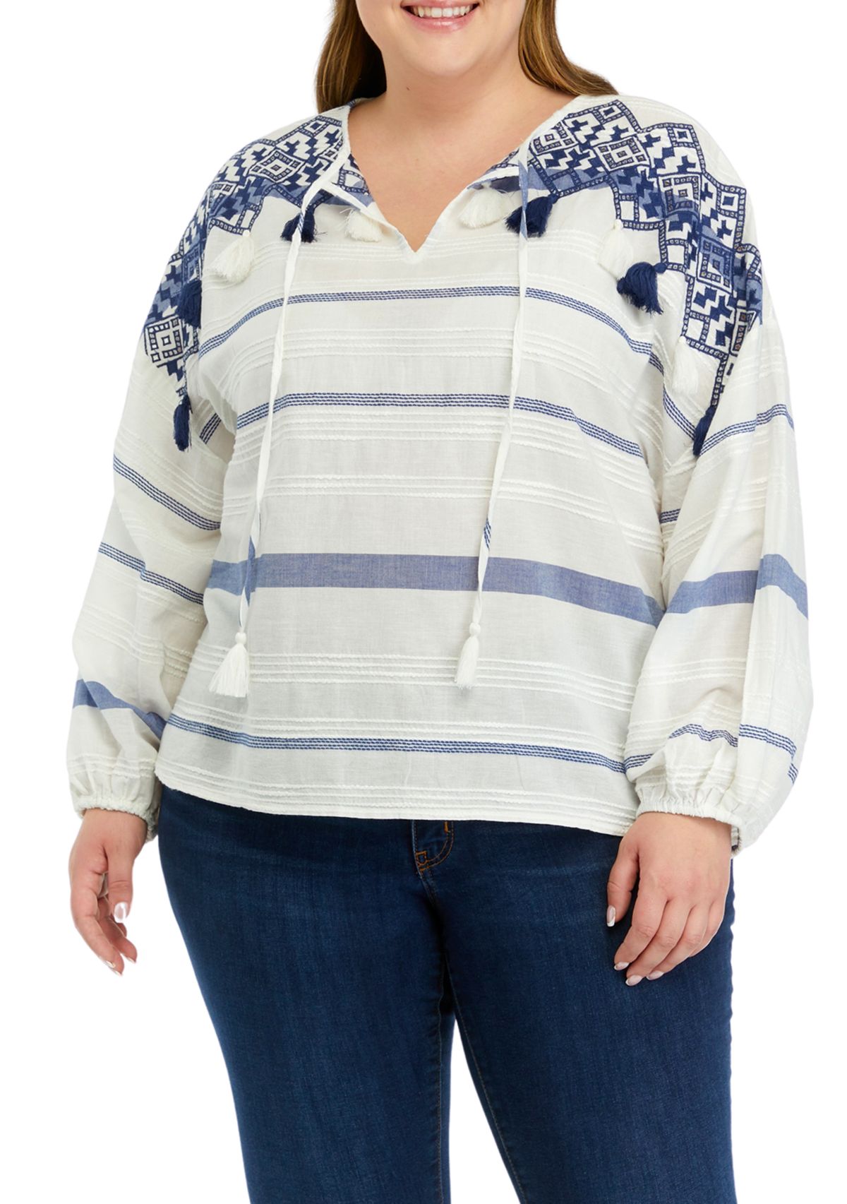 Plus Size Yarn Dye Embroidered Woven Top 