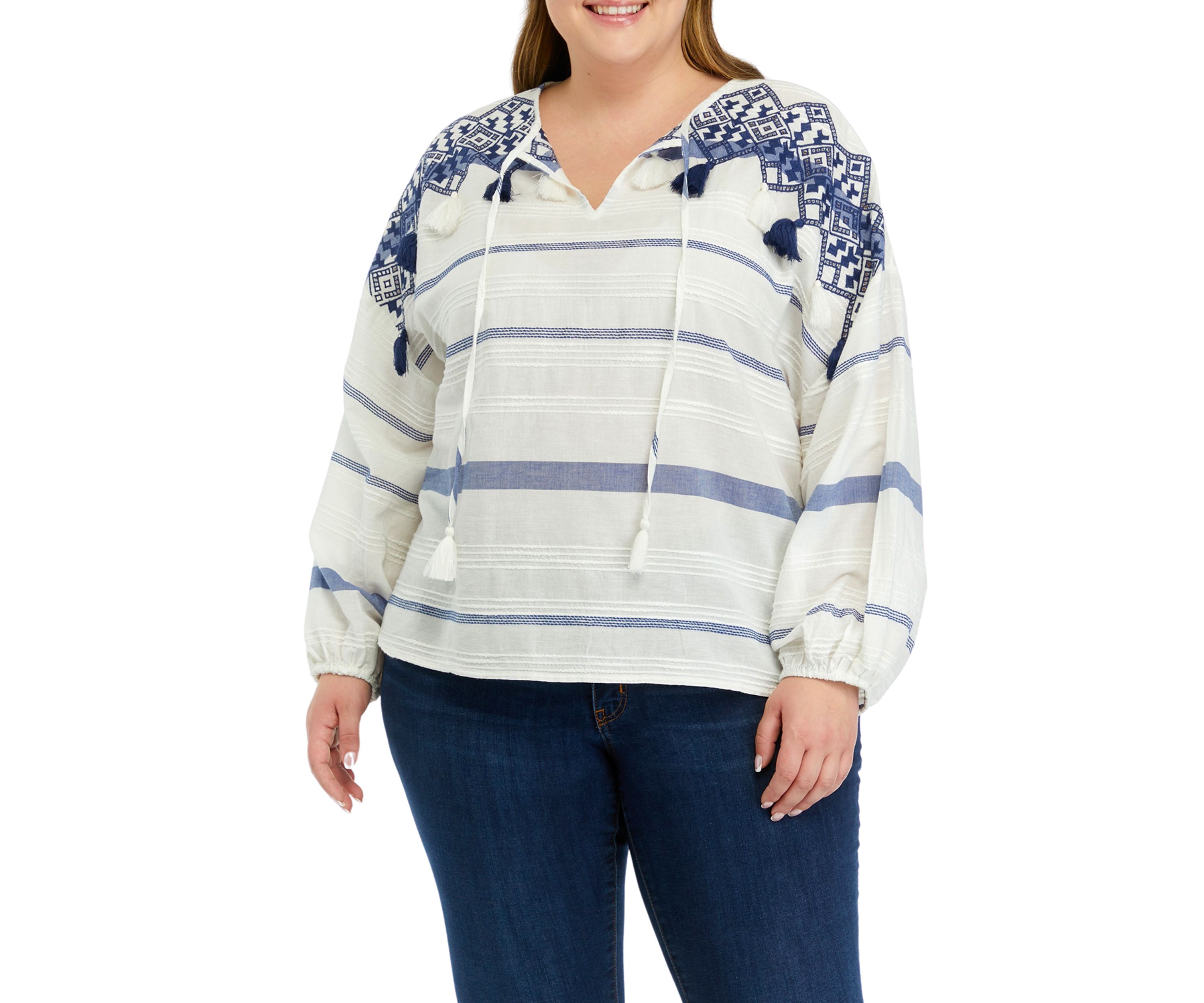Plus Size Yarn Dye Embroidered Woven Top 