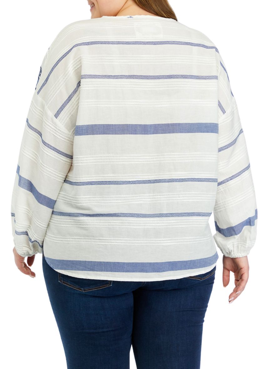 Plus Size Yarn Dye Embroidered Woven Top 