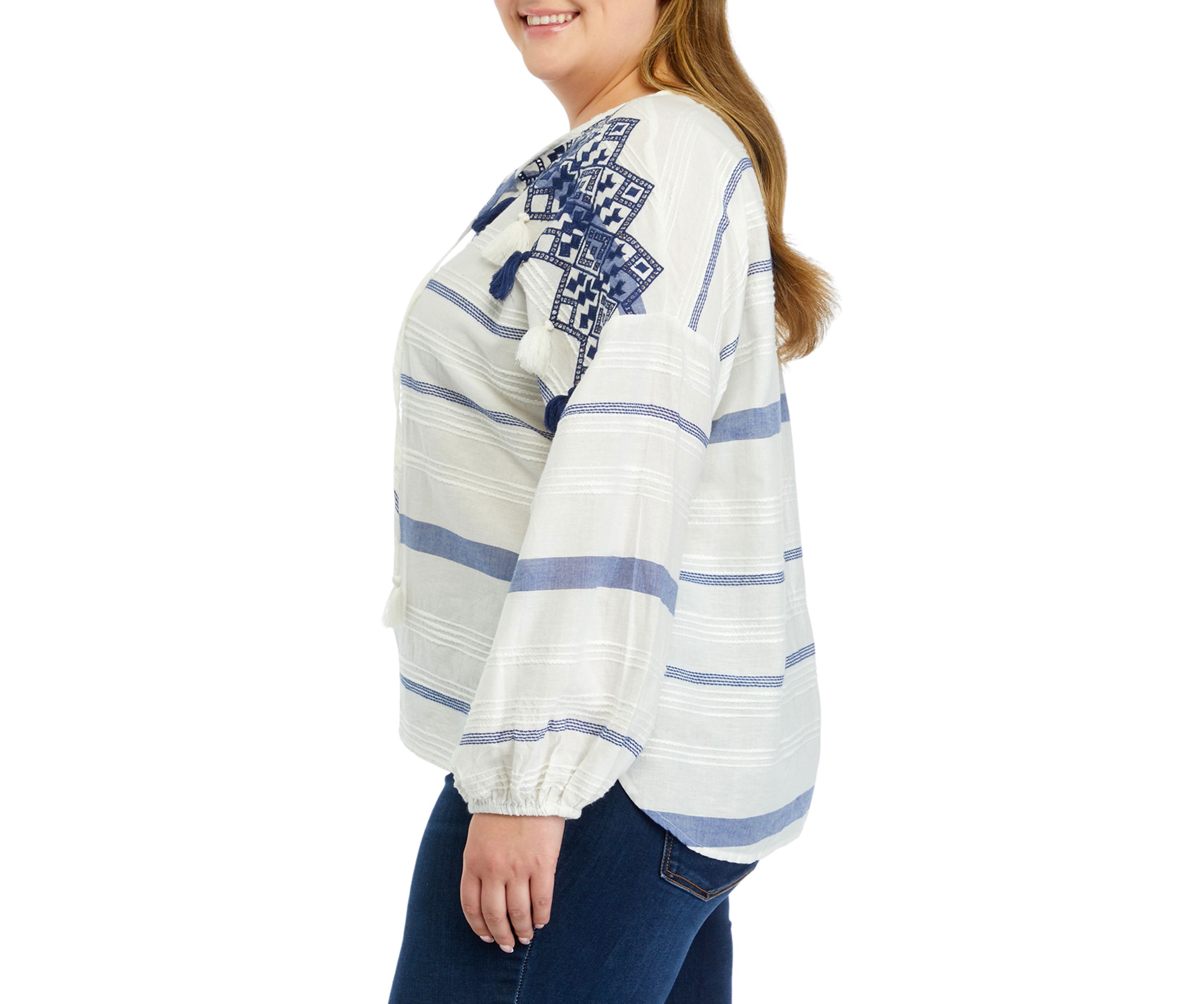 Plus Size Yarn Dye Embroidered Woven Top 