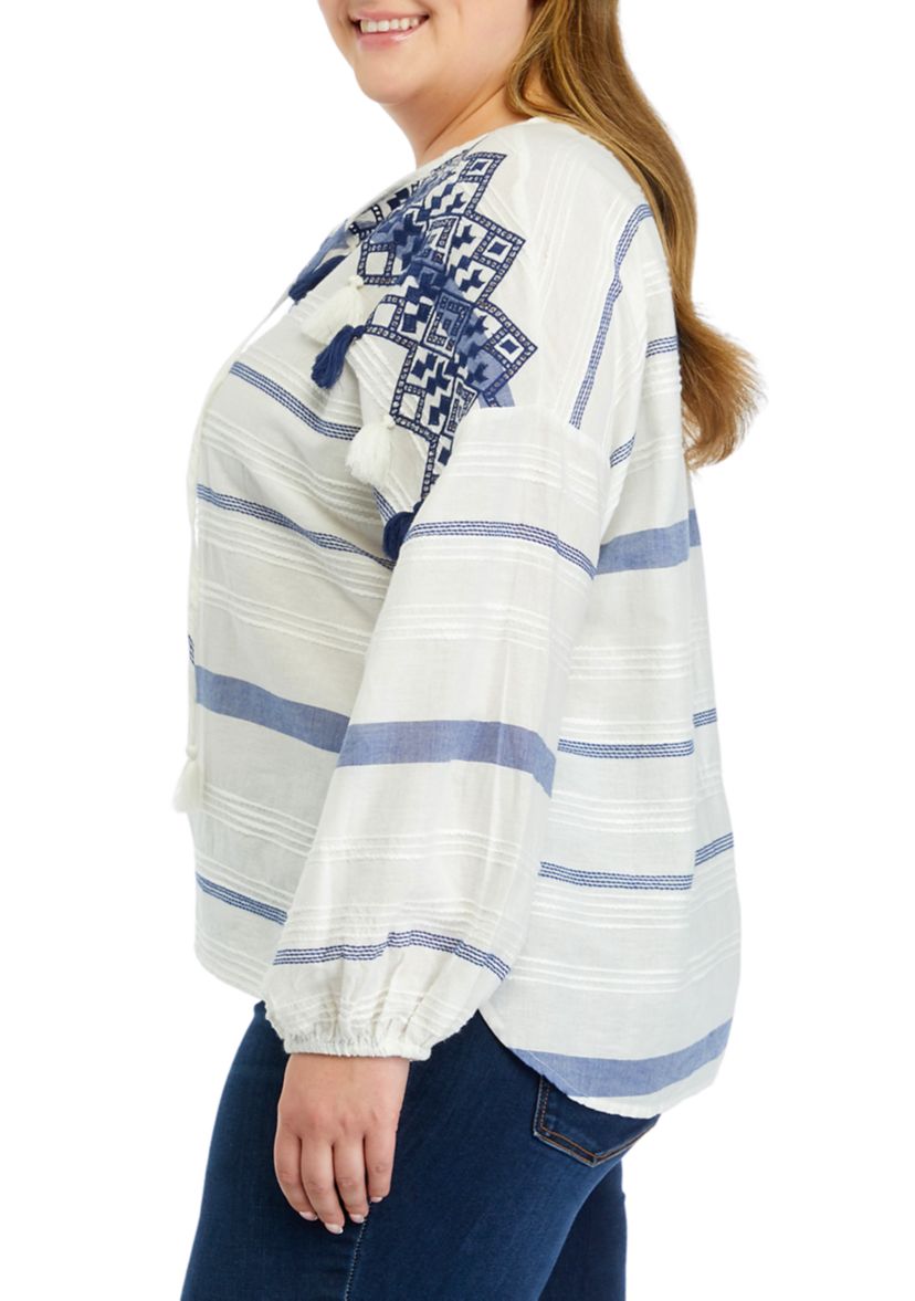 Plus Size Yarn Dye Embroidered Woven Top 