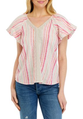 Cupio Women's Short Flutter Sleeve Striped Blouse, Pink, Small