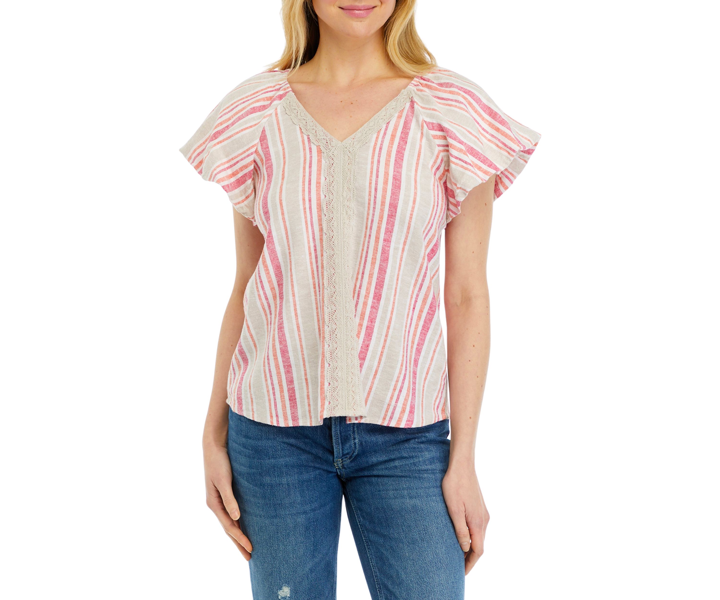 Womens Short Flutter Sleeve Striped Blouse