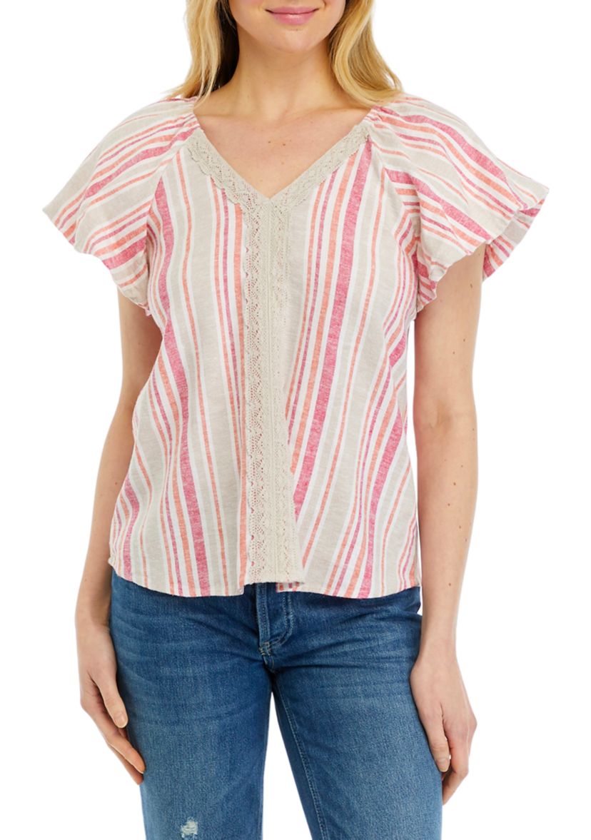 Womens Short Flutter Sleeve Striped Blouse