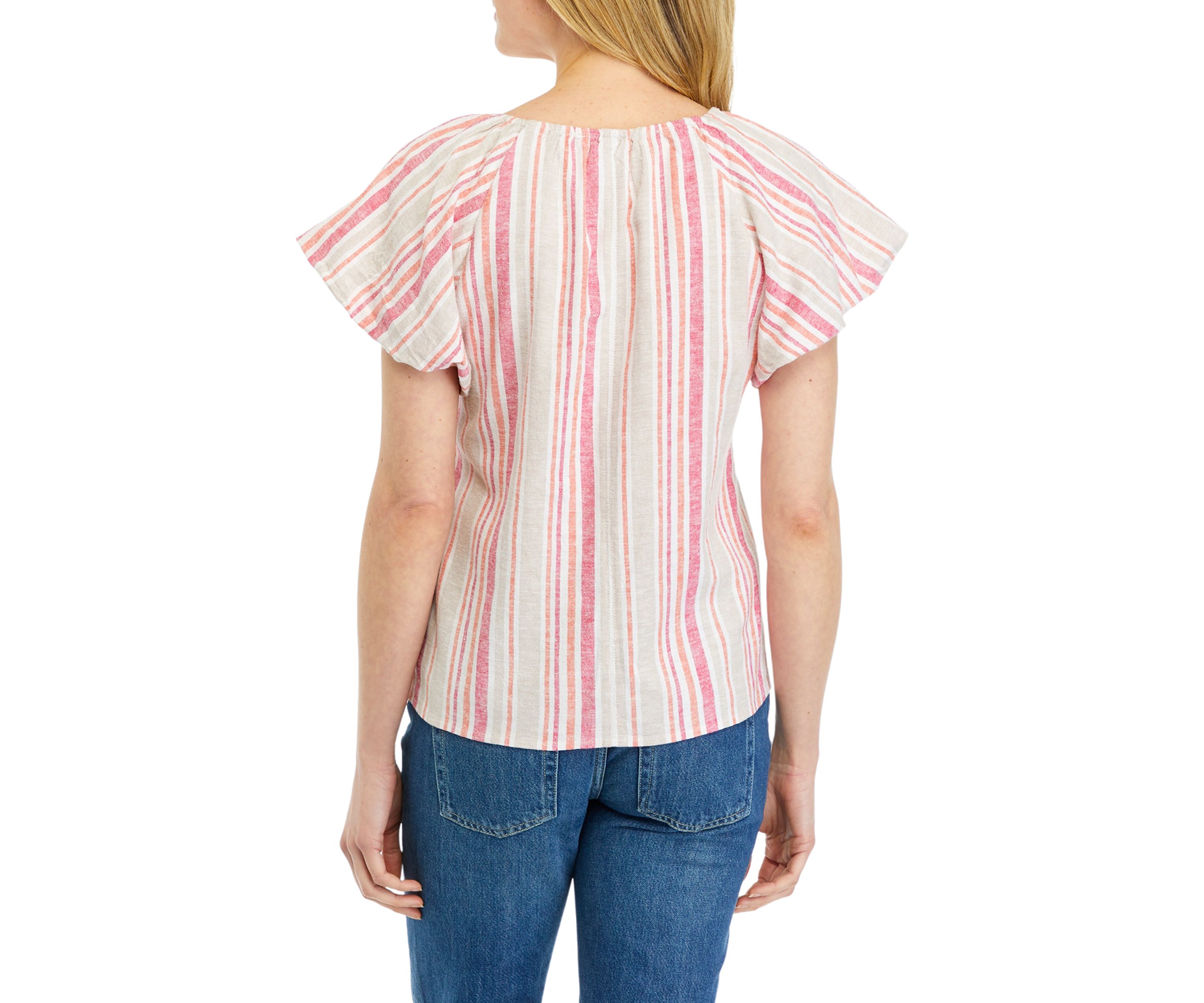 Womens Short Flutter Sleeve Striped Blouse