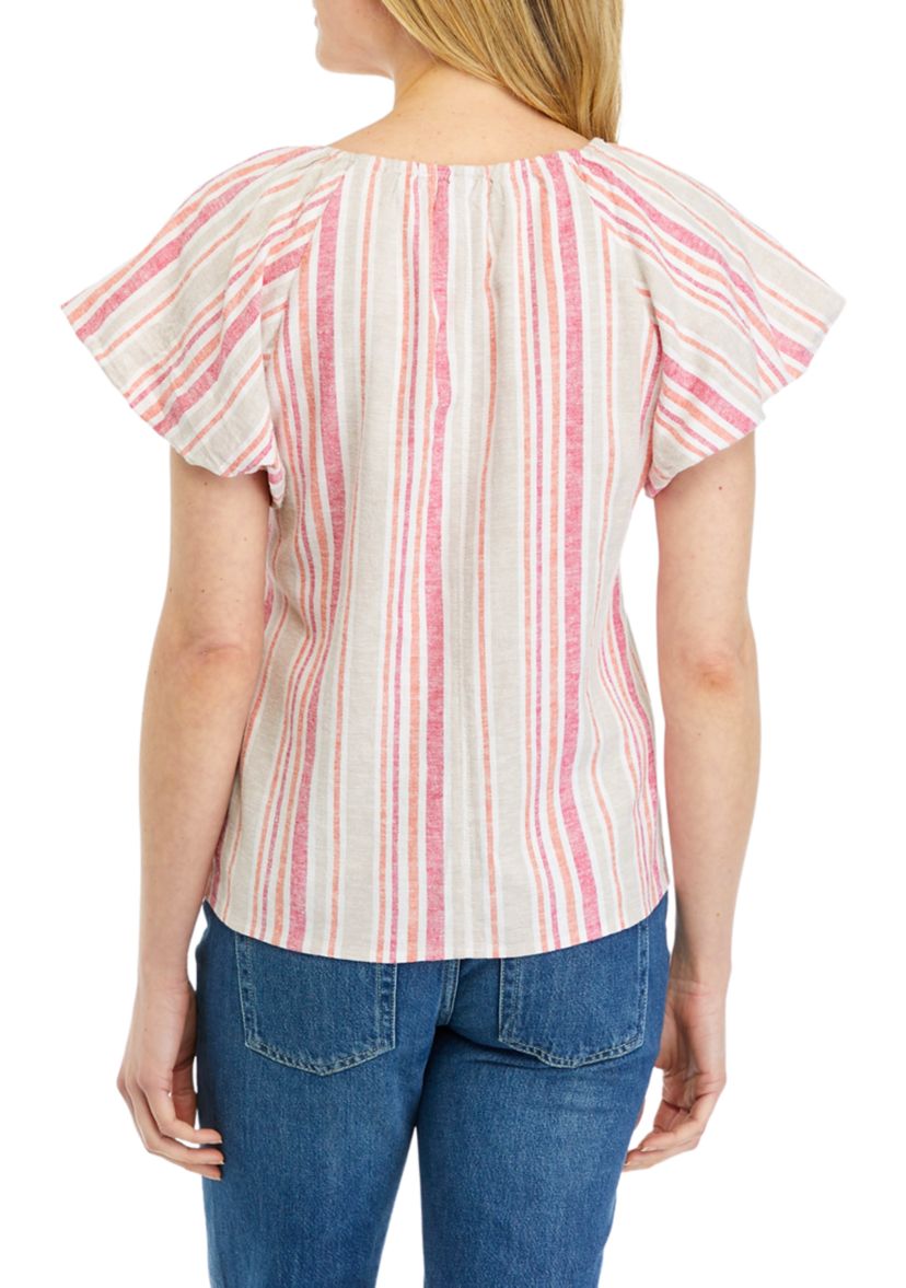 Womens Short Flutter Sleeve Striped Blouse