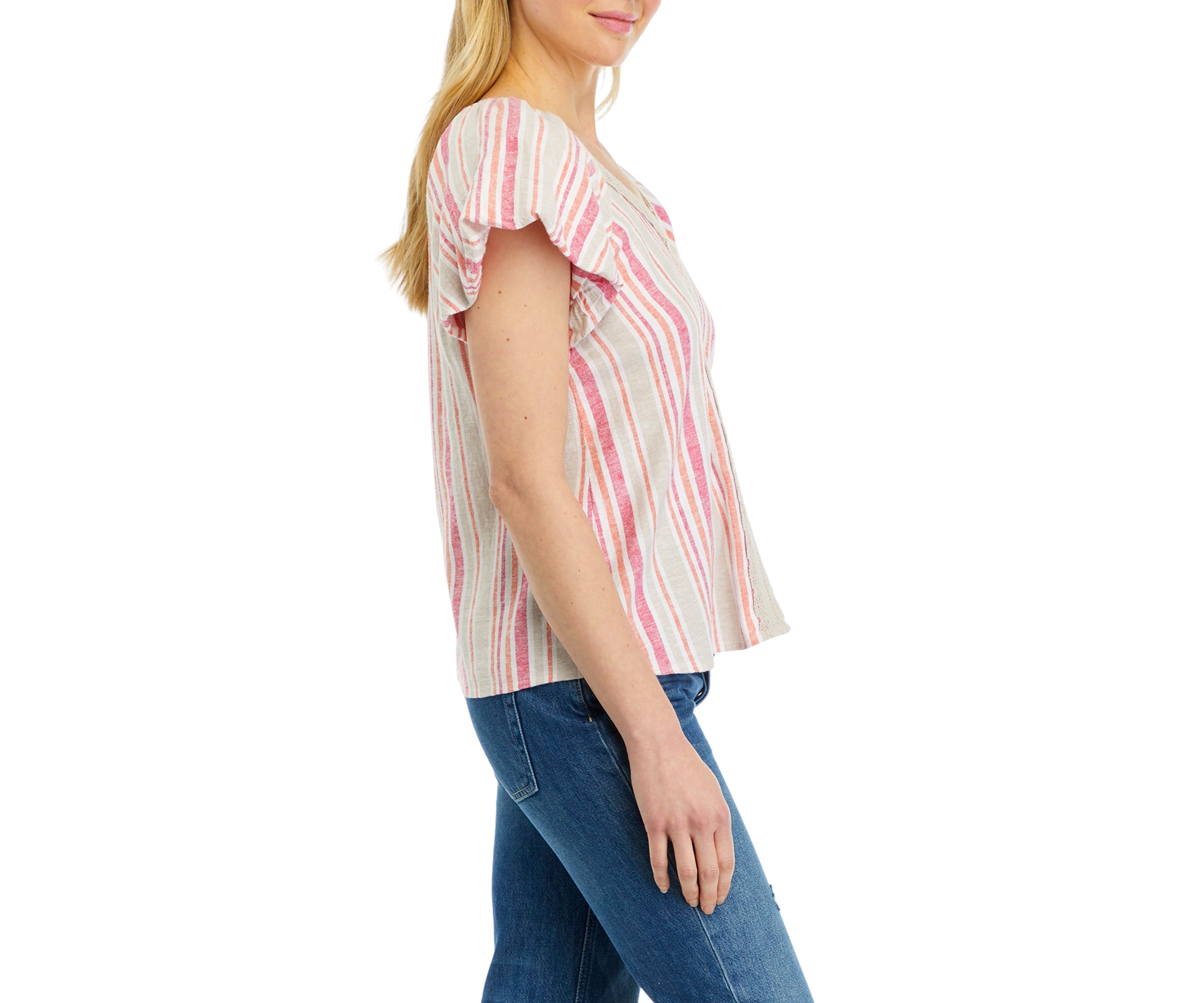 Womens Short Flutter Sleeve Striped Blouse