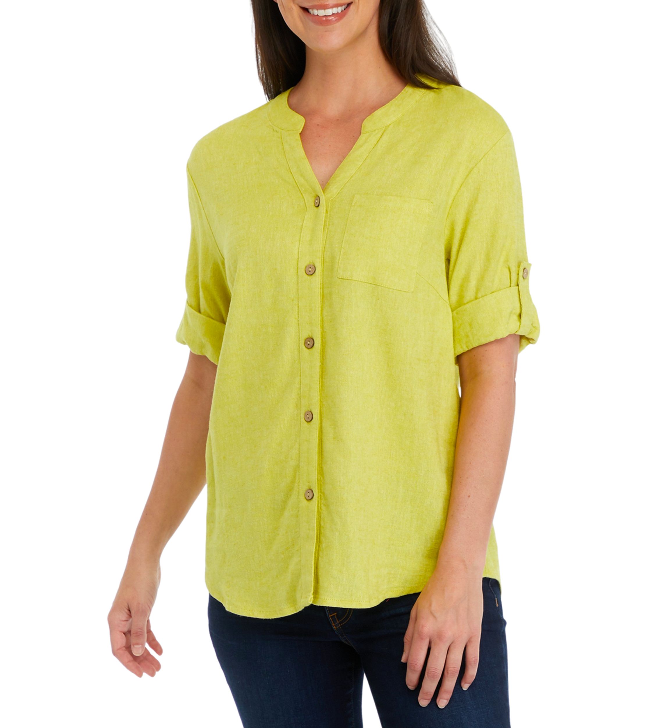 Womens Roll Tab Sleeve Split Neck Shirt