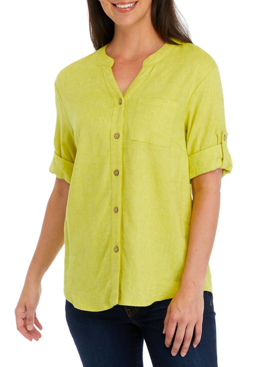 Womens Roll Tab Sleeve Split Neck Shirt
