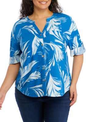 Cupio Women's Plus Size Roll Tab Sleeve Printed Split Neck Top, 1X