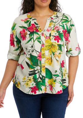 Cupio Women's Plus Size Roll Tab Sleeve Printed Split Neck Top, 3X