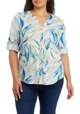 Cupio Women's Plus Size Roll Tab Sleeve Printed Split Neck Top, 1X