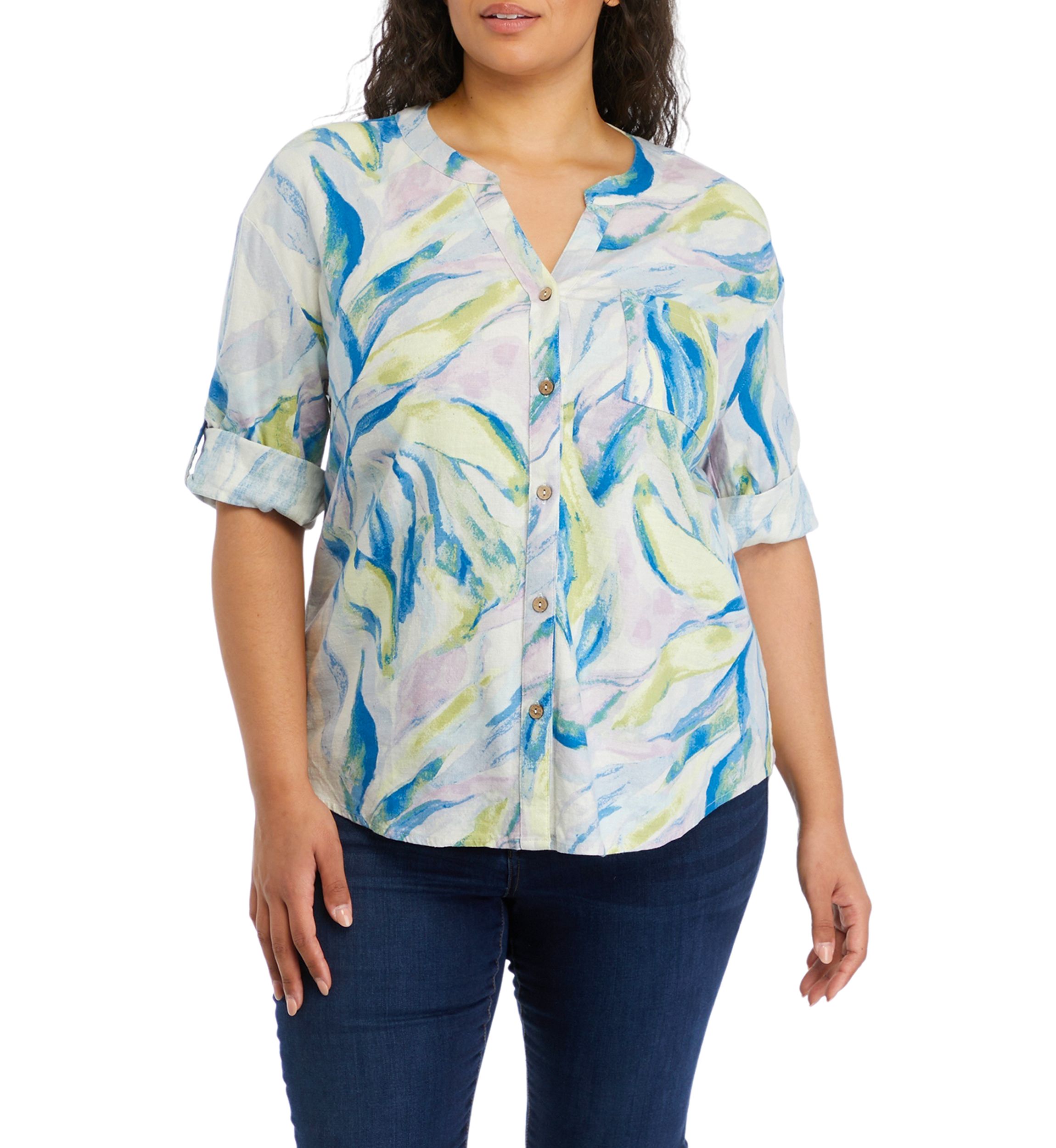 Plus Size Roll Tab Sleeve Printed Split Neck Top