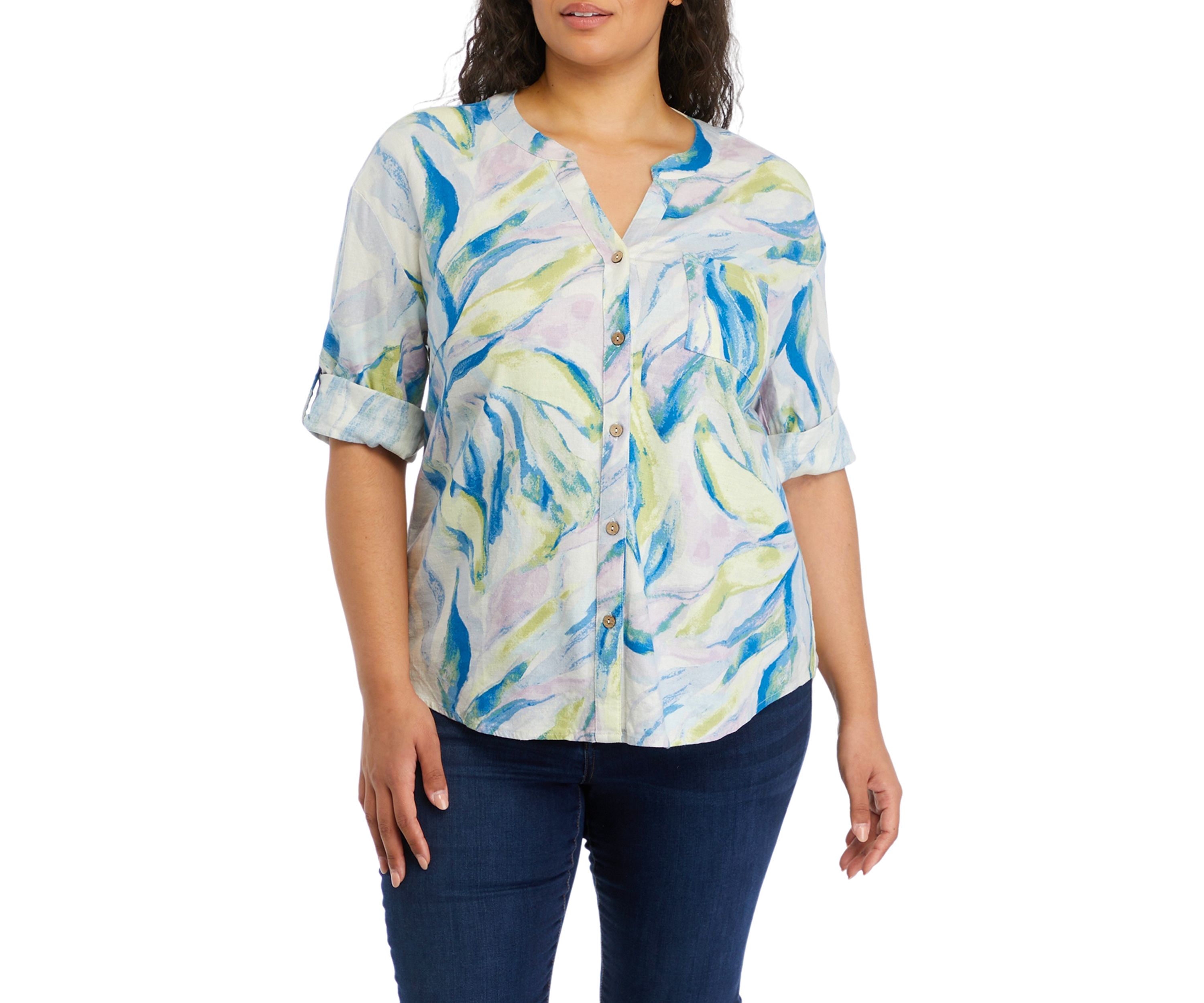 Plus Size Roll Tab Sleeve Printed Split Neck Top