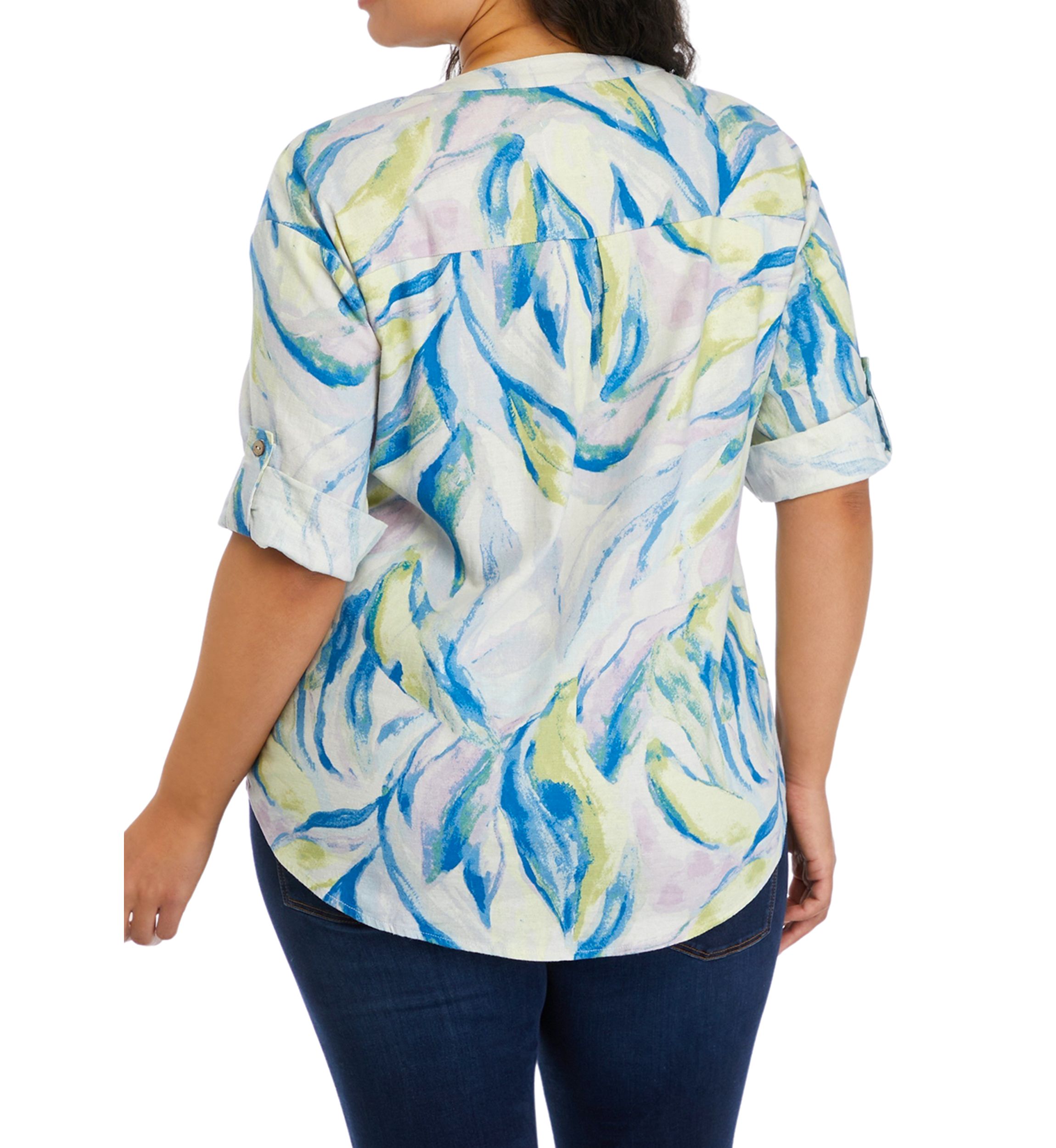 Plus Size Roll Tab Sleeve Printed Split Neck Top