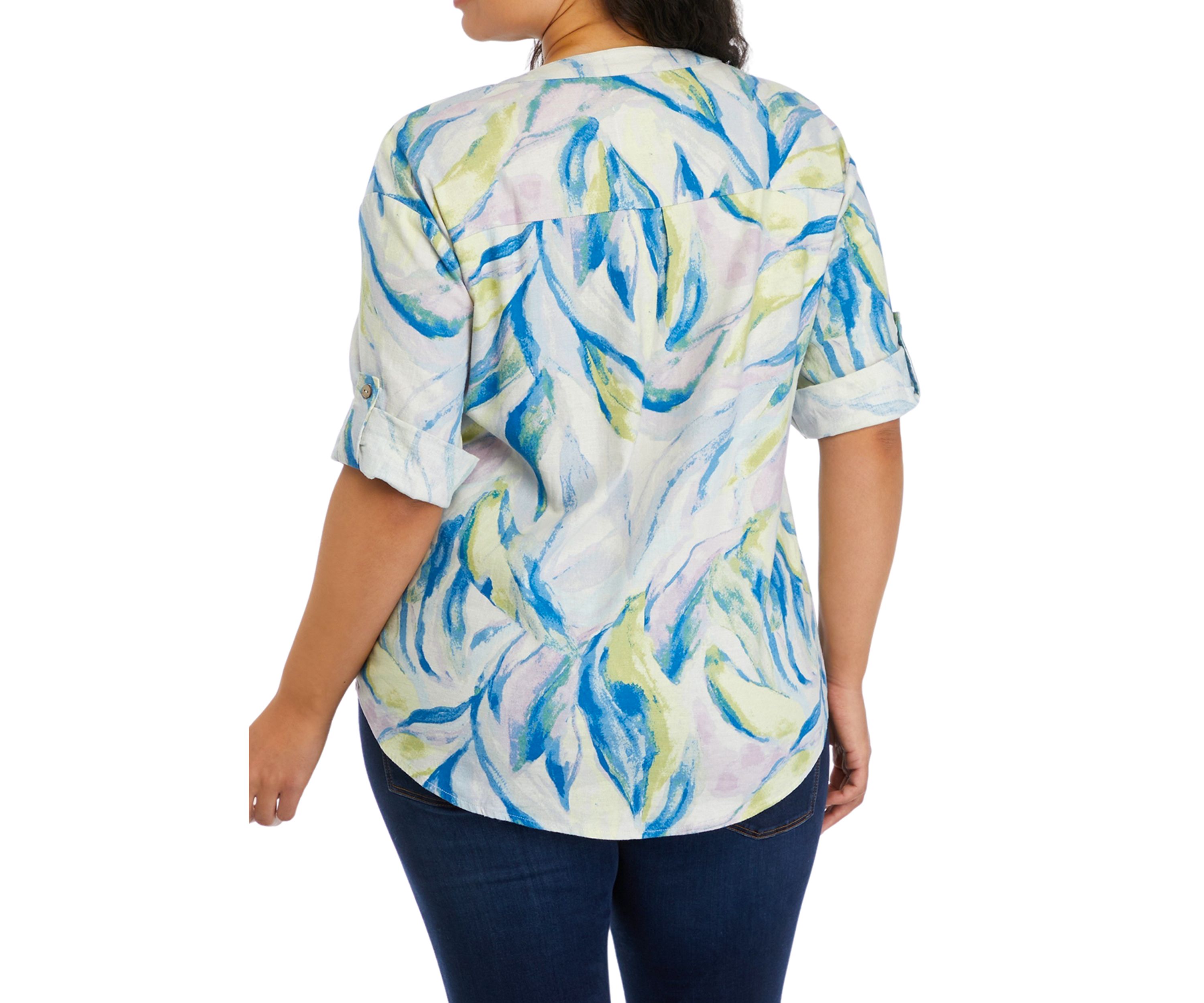 Plus Size Roll Tab Sleeve Printed Split Neck Top
