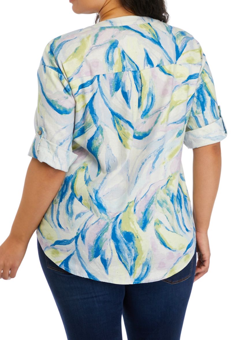 Plus Size Roll Tab Sleeve Printed Split Neck Top