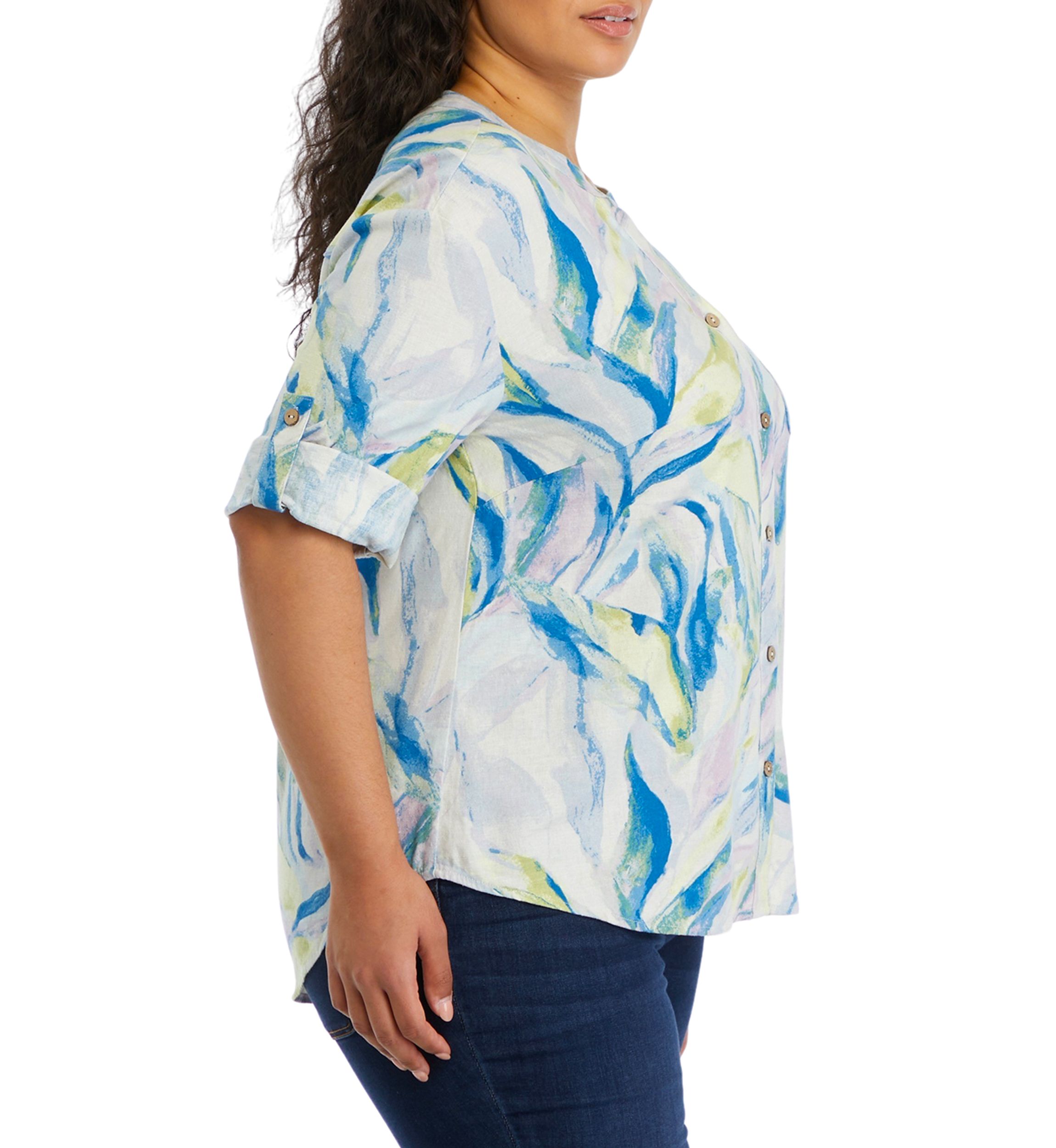 Plus Size Roll Tab Sleeve Printed Split Neck Top
