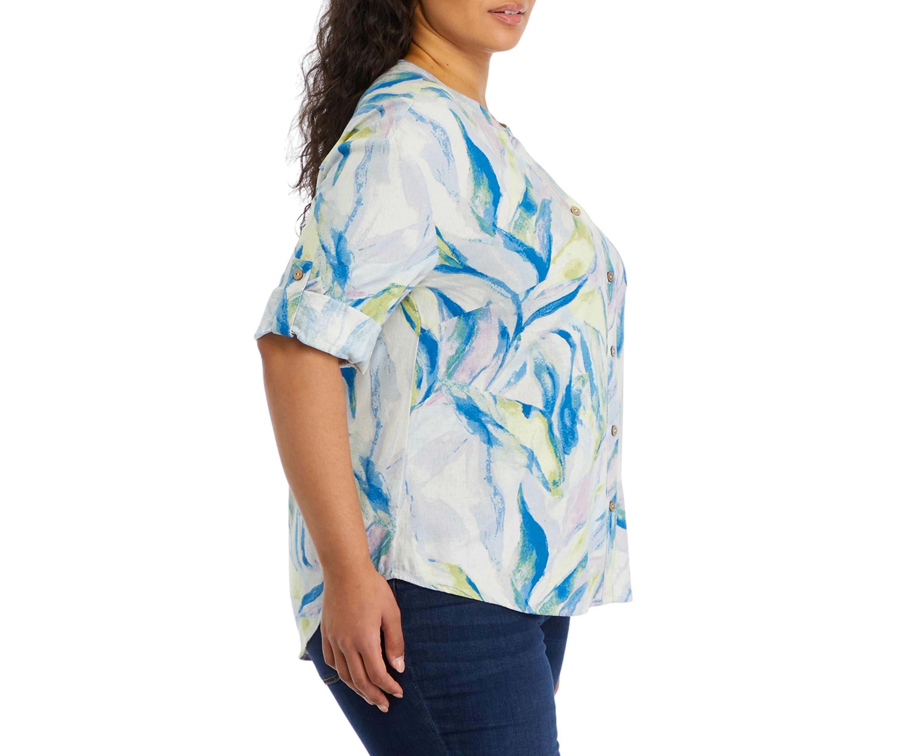 Plus Size Roll Tab Sleeve Printed Split Neck Top