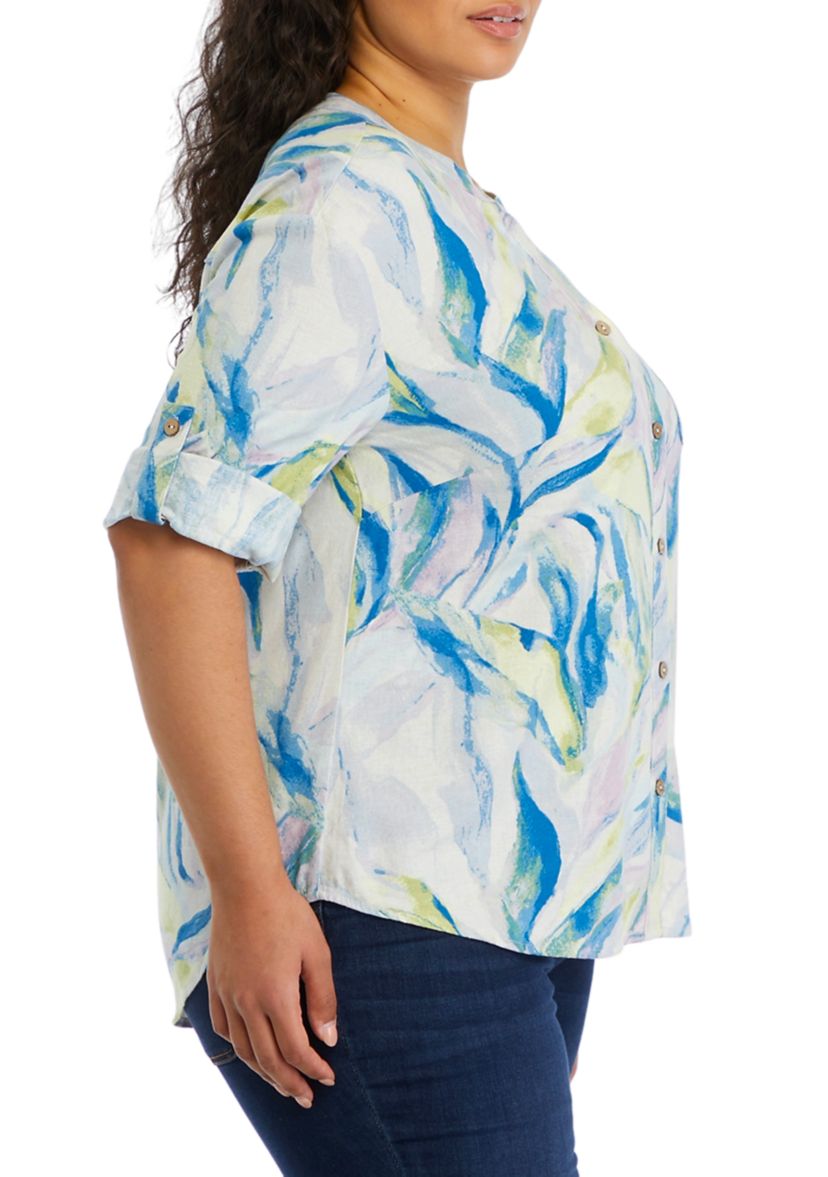 Plus Size Roll Tab Sleeve Printed Split Neck Top