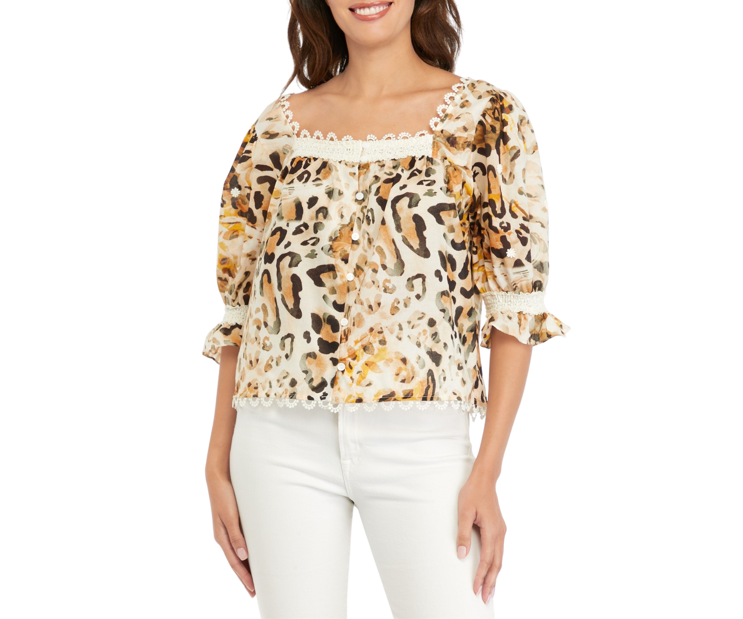 Womens Embroidered Button Front Top