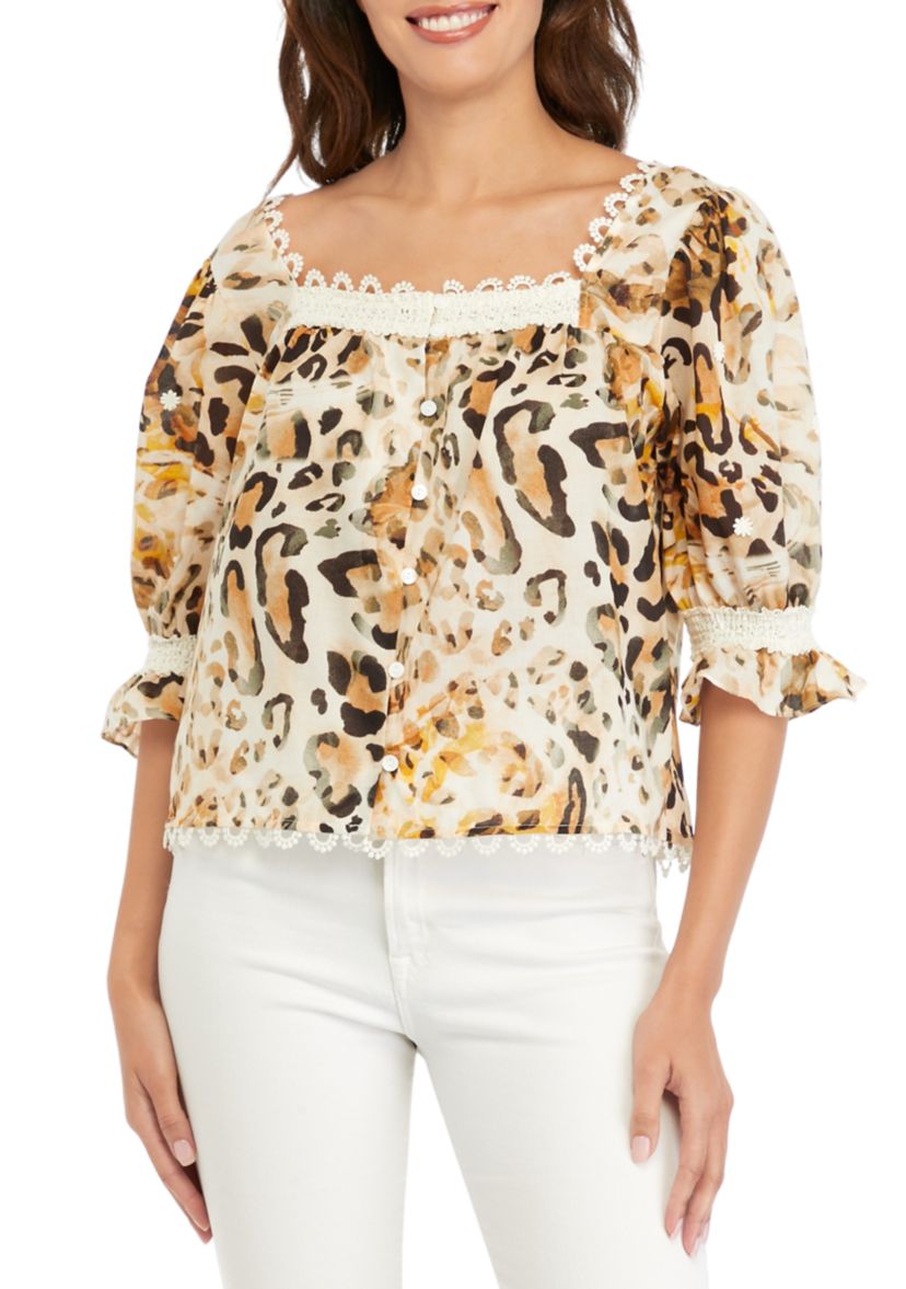 Womens Embroidered Button Front Top