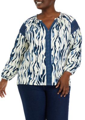 Cupio Women's Plus Size Printed Ruffle Neck Knit Top, 3X