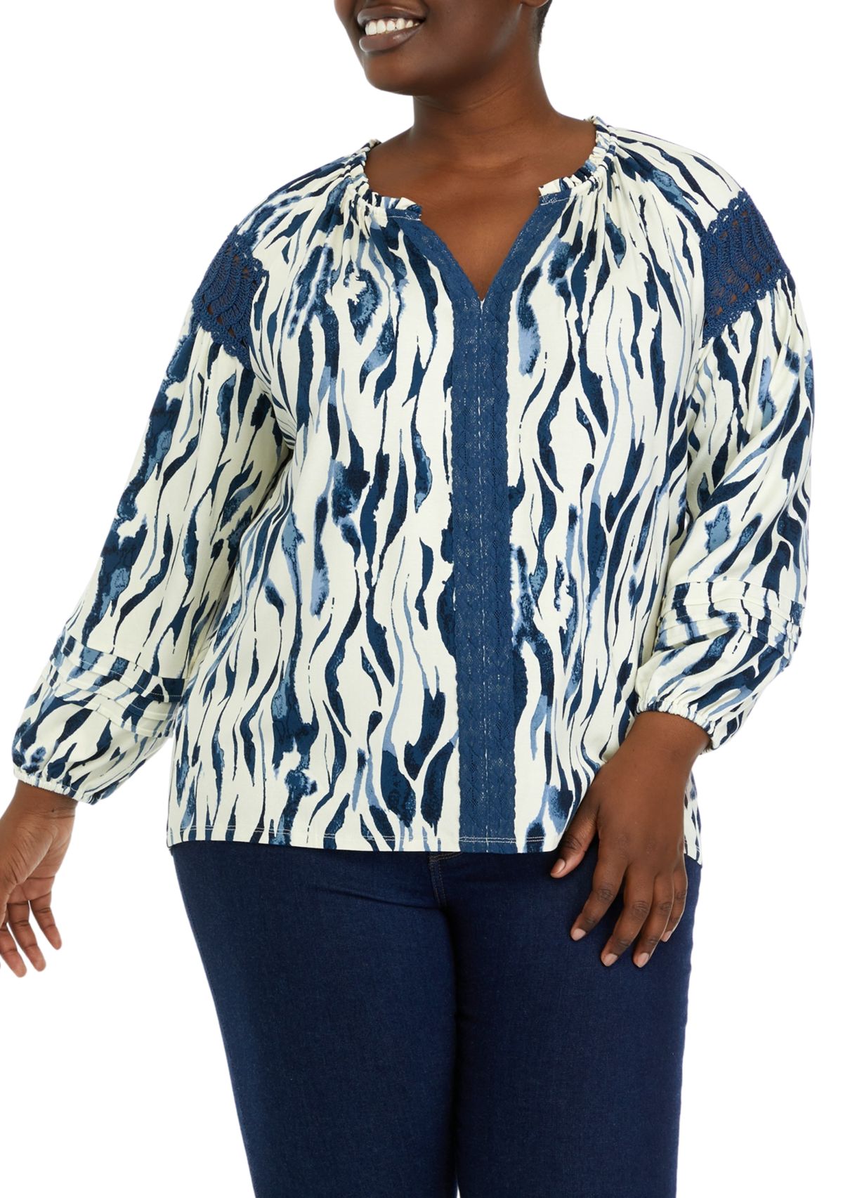 Plus Size Printed  Ruffle Neck Knit Top 