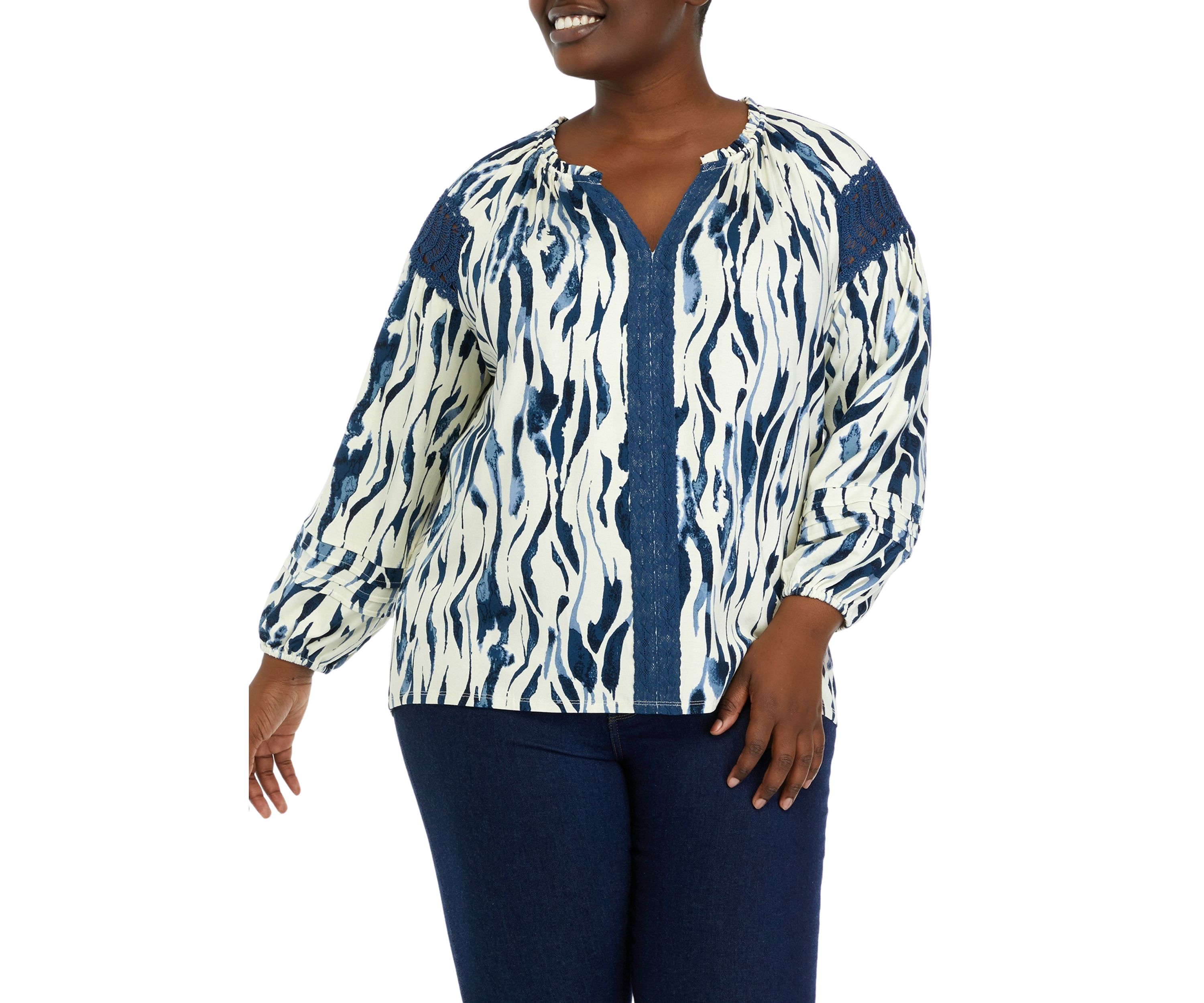 Plus Size Printed  Ruffle Neck Knit Top 