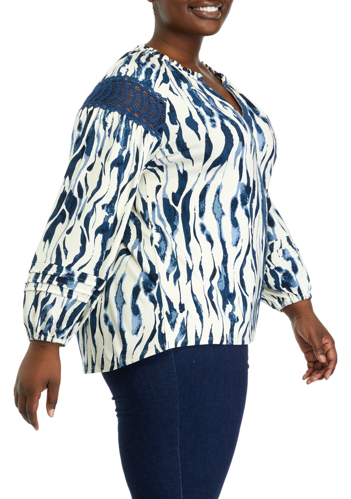 Plus Size Printed  Ruffle Neck Knit Top 