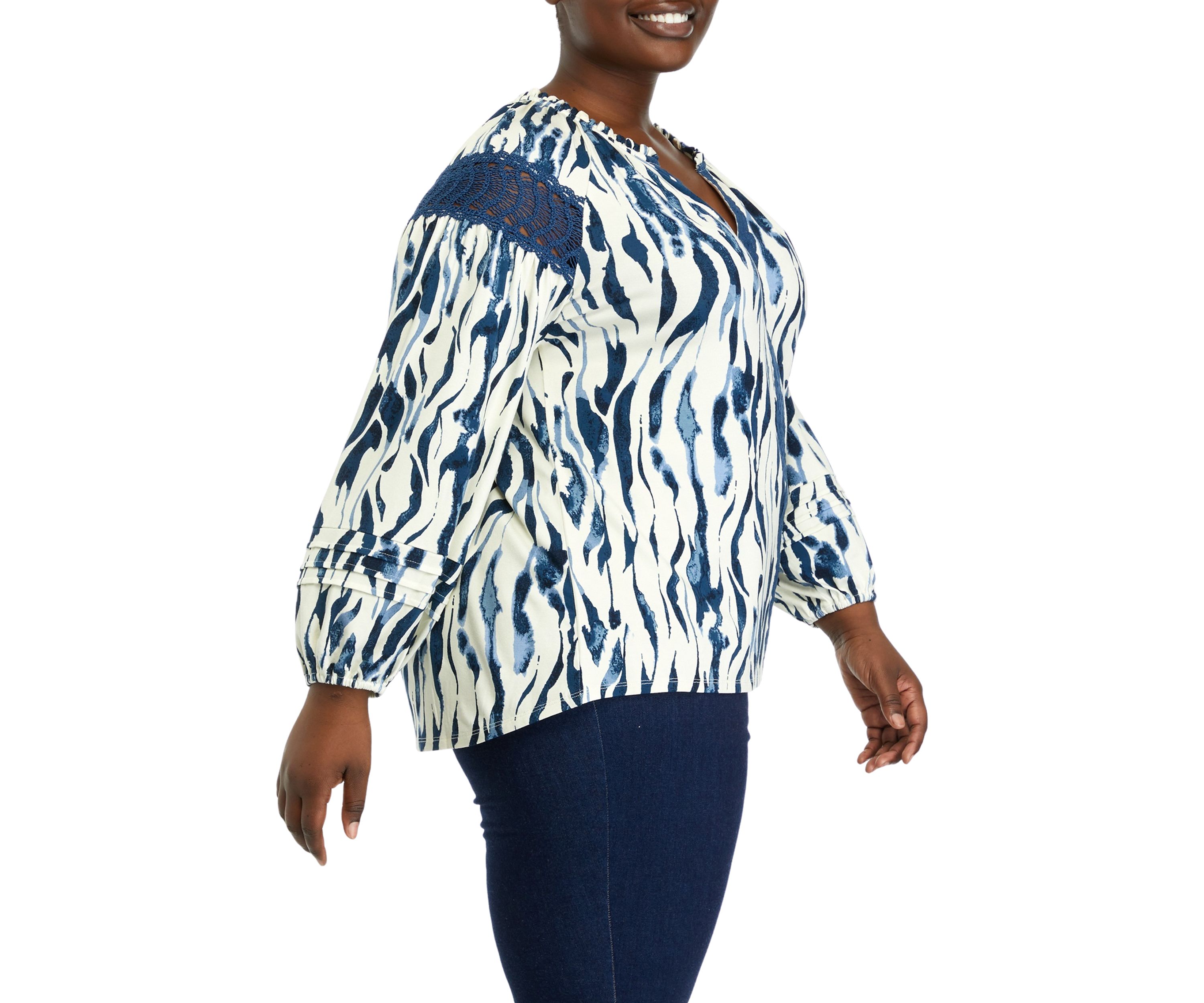 Plus Size Printed  Ruffle Neck Knit Top 