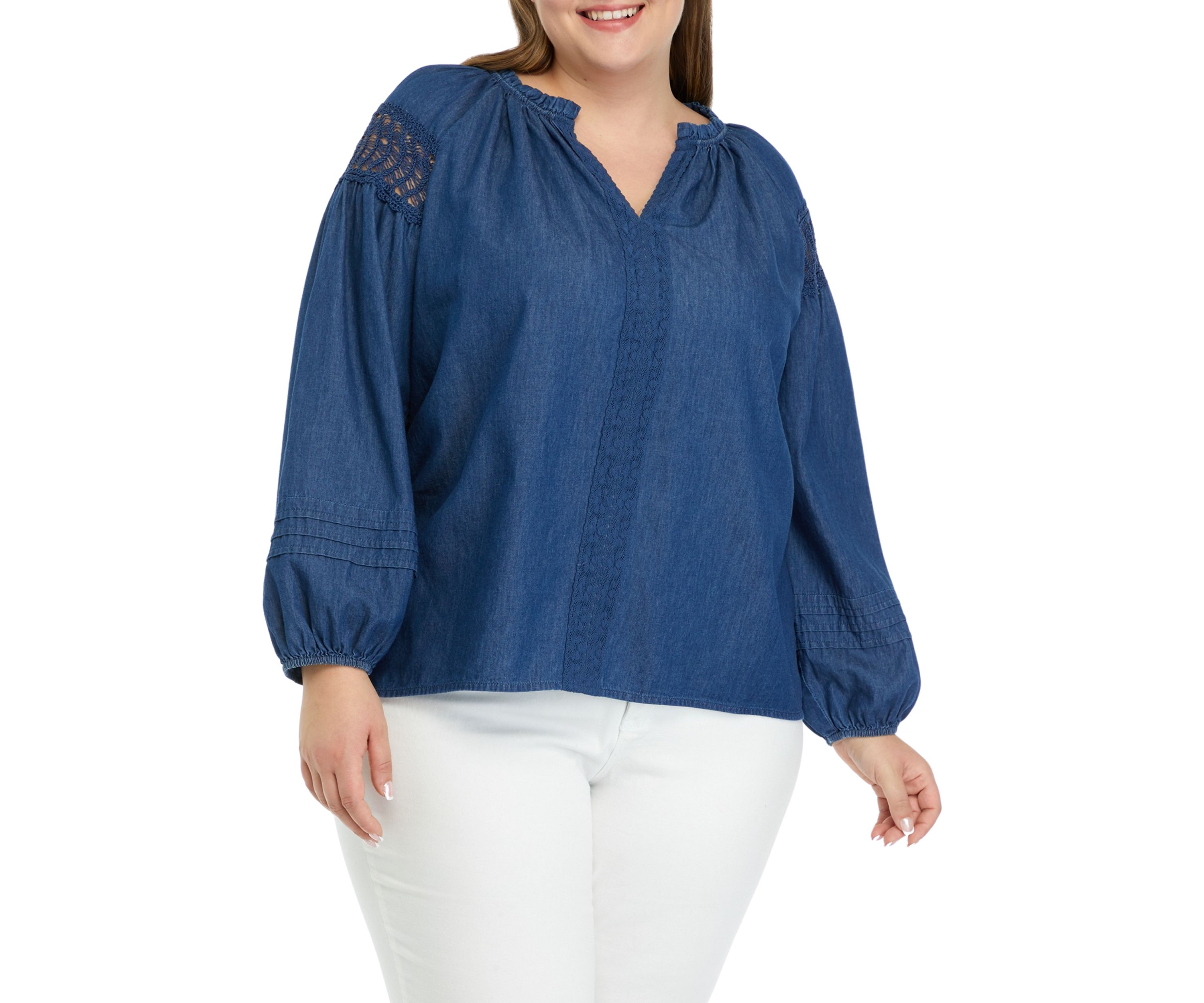 Plus Size Ruffle Split Neck Top