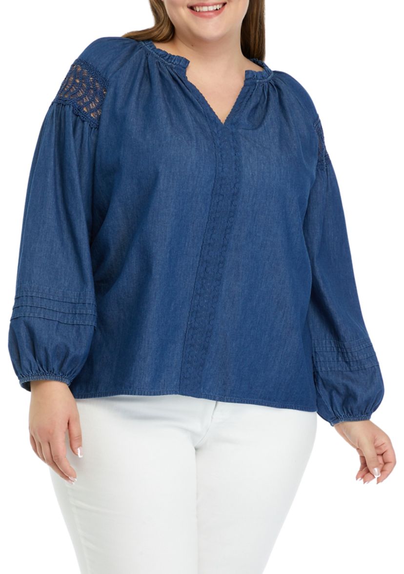Plus Size Ruffle Split Neck Top