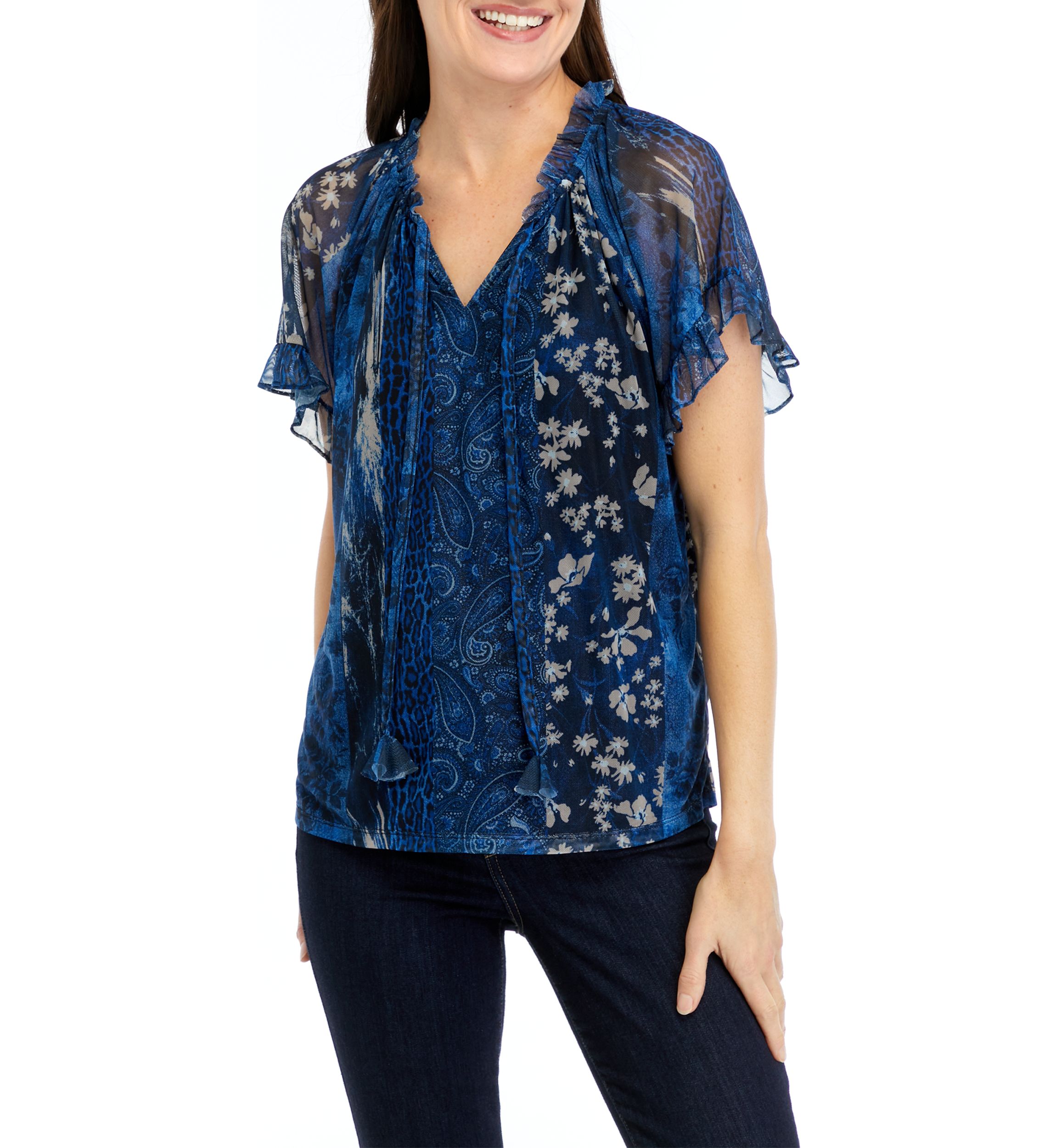 Womens Flutter Sleeve Tie Neck Top