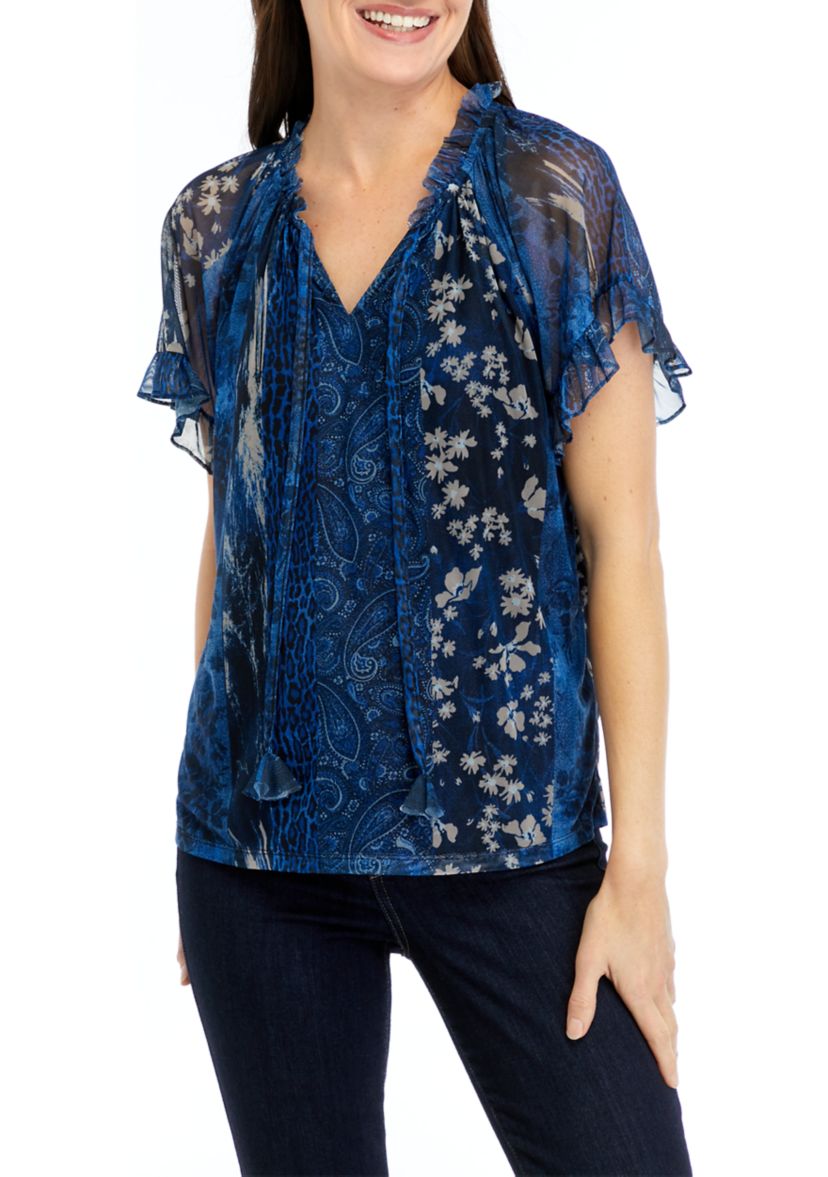 Womens Flutter Sleeve Tie Neck Top
