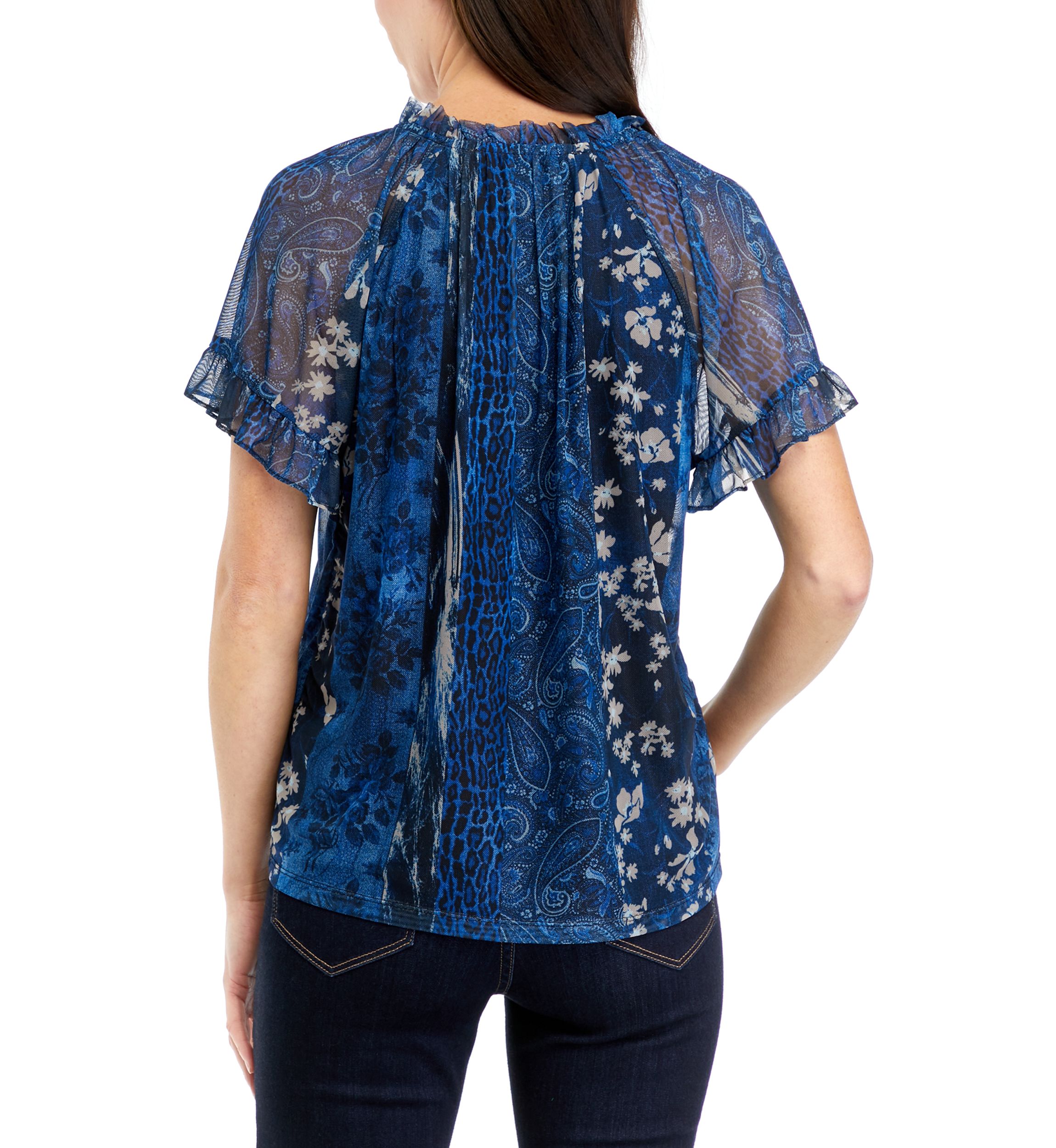 Womens Flutter Sleeve Tie Neck Top