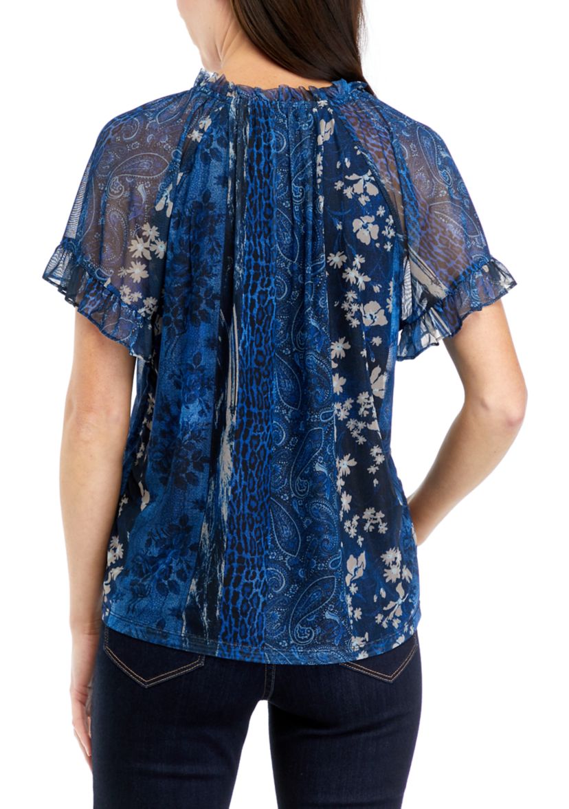 Womens Flutter Sleeve Tie Neck Top